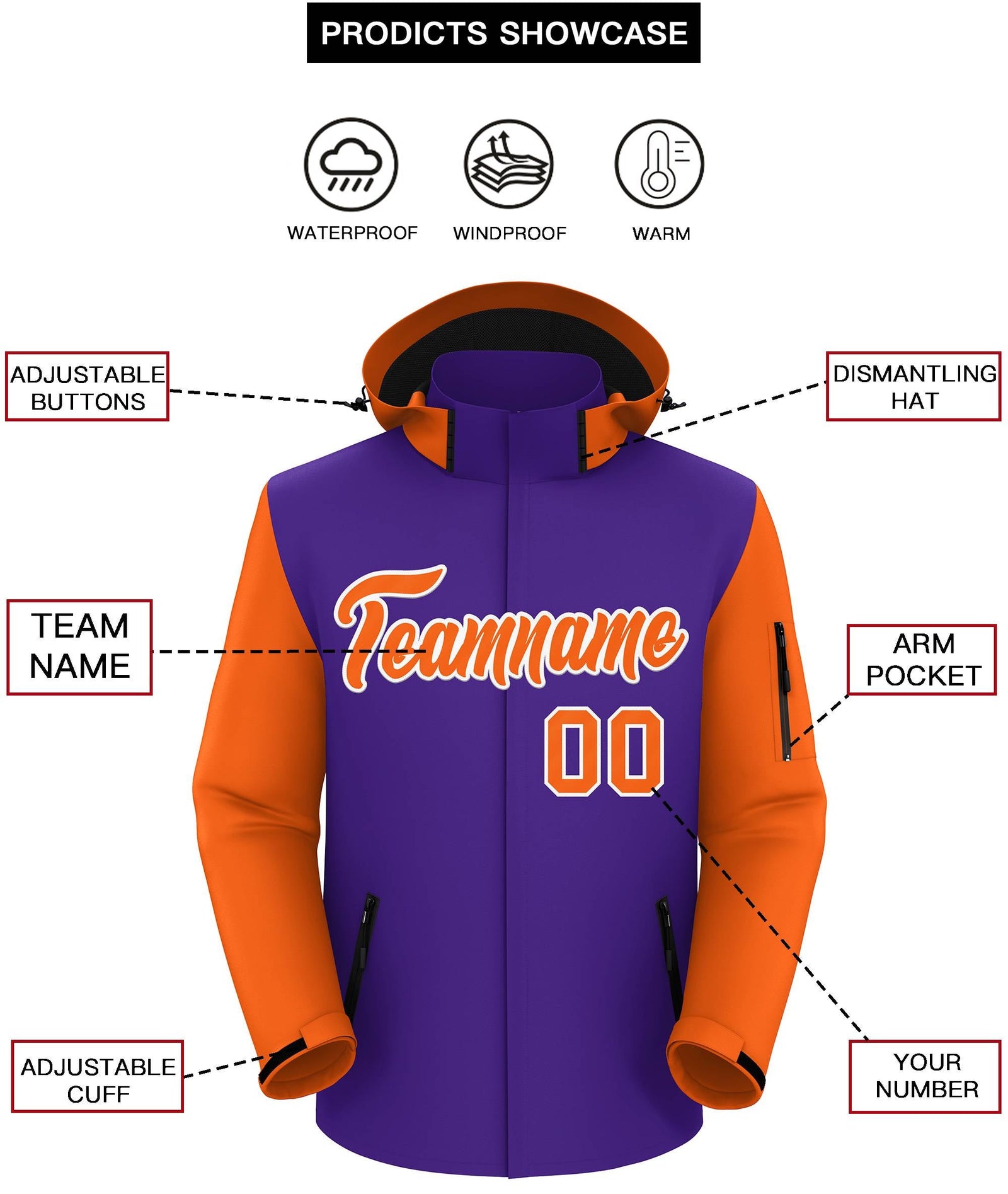 Custom Purple Orange-White Raglan Sleeves Waterproof Jacket