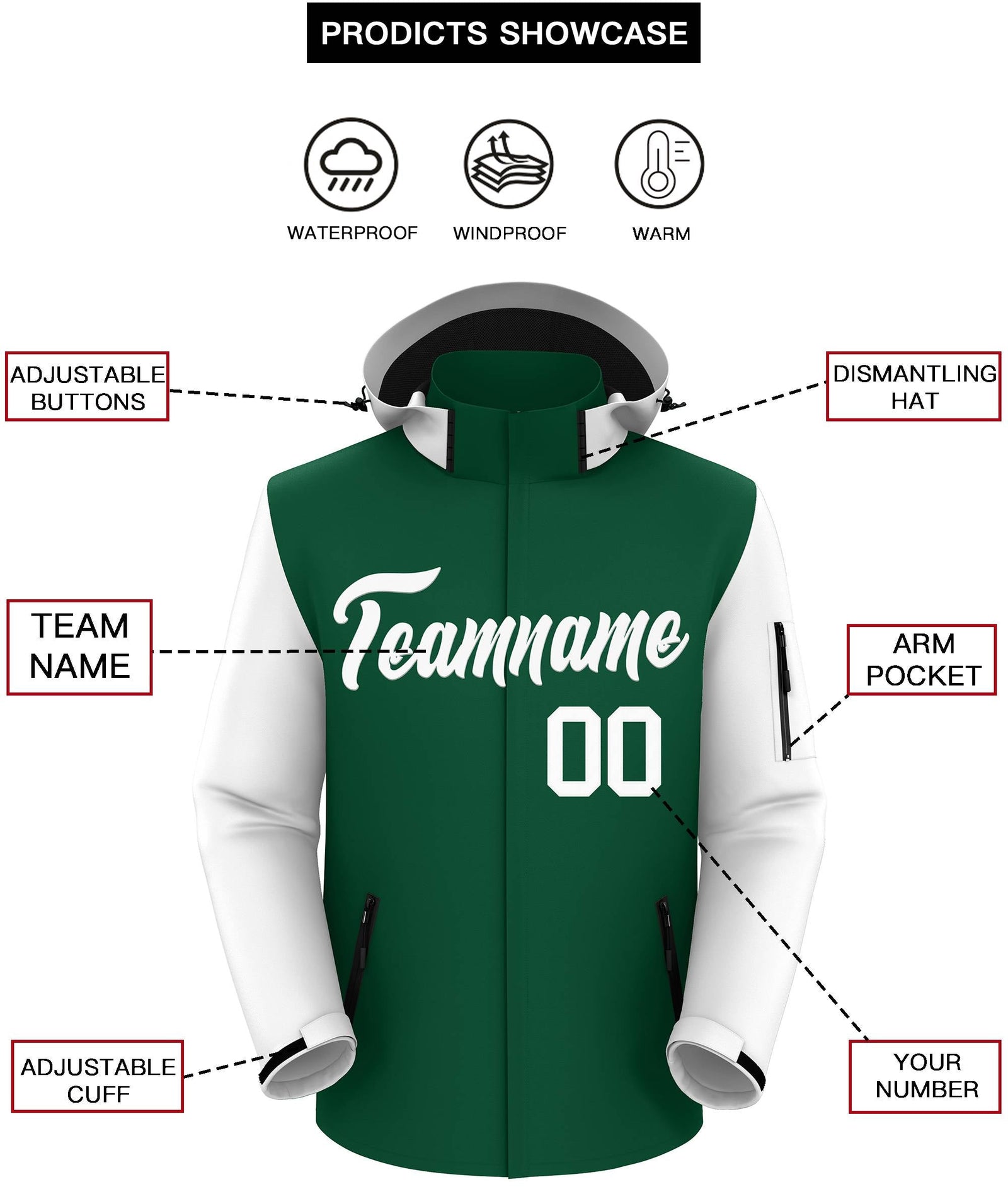 Custom Green White Raglan Sleeves Waterproof Jacket