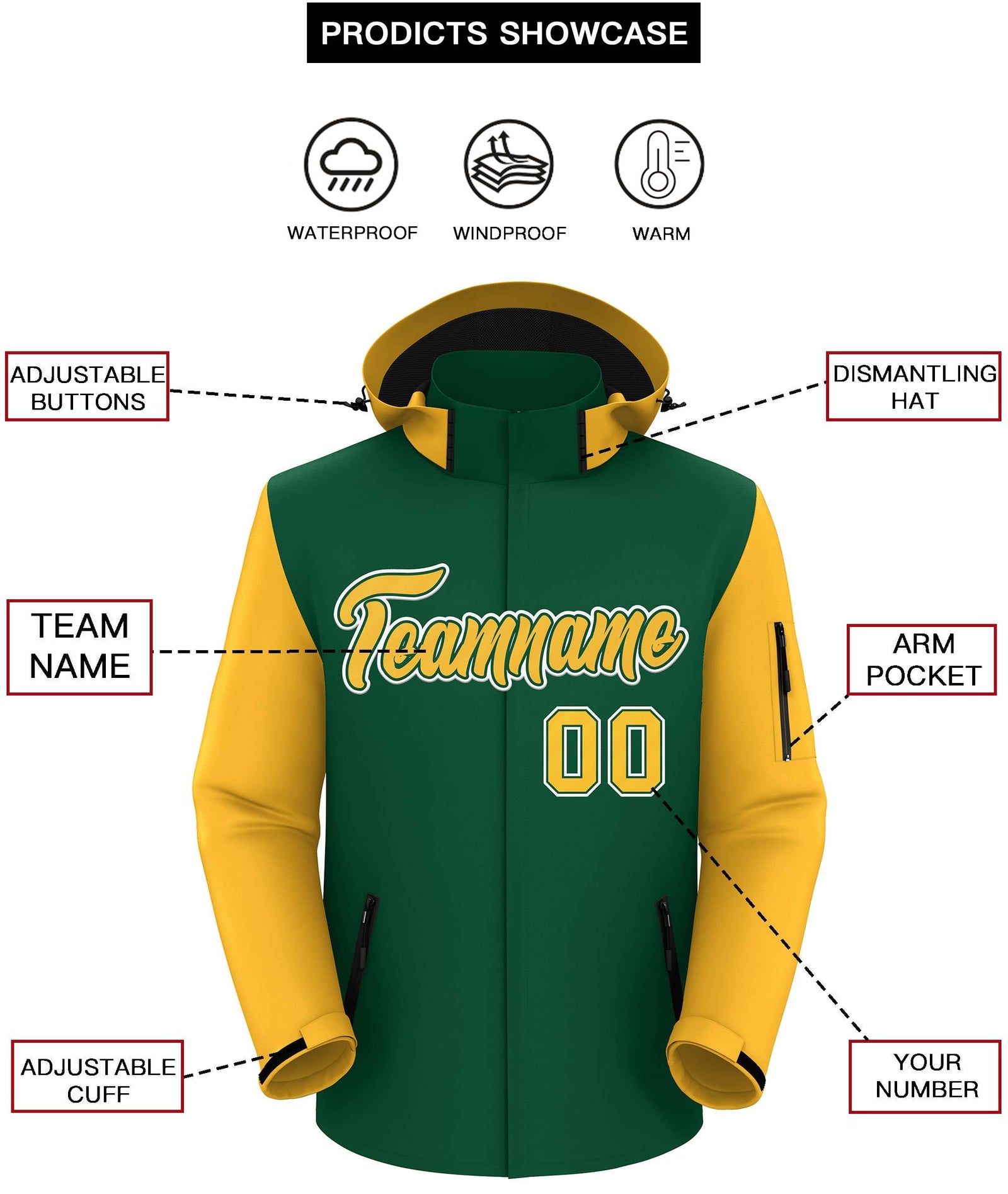 Custom Green Gold-White Raglan Sleeves Waterproof Jacket