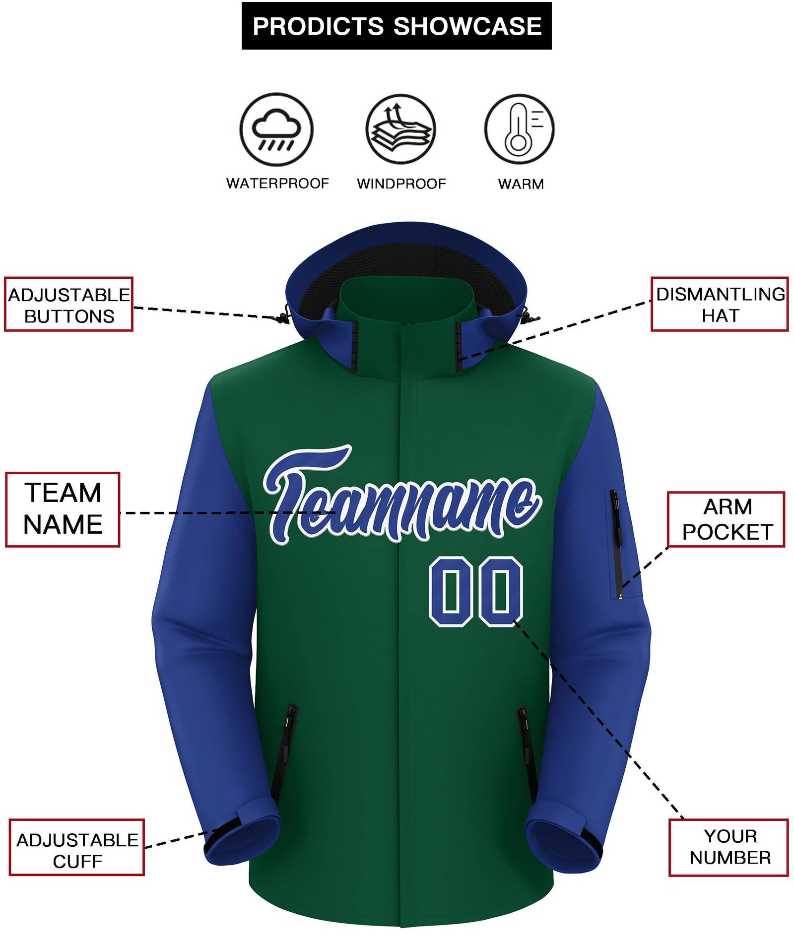Custom Green Royal-White Raglan Sleeves Waterproof Jacket