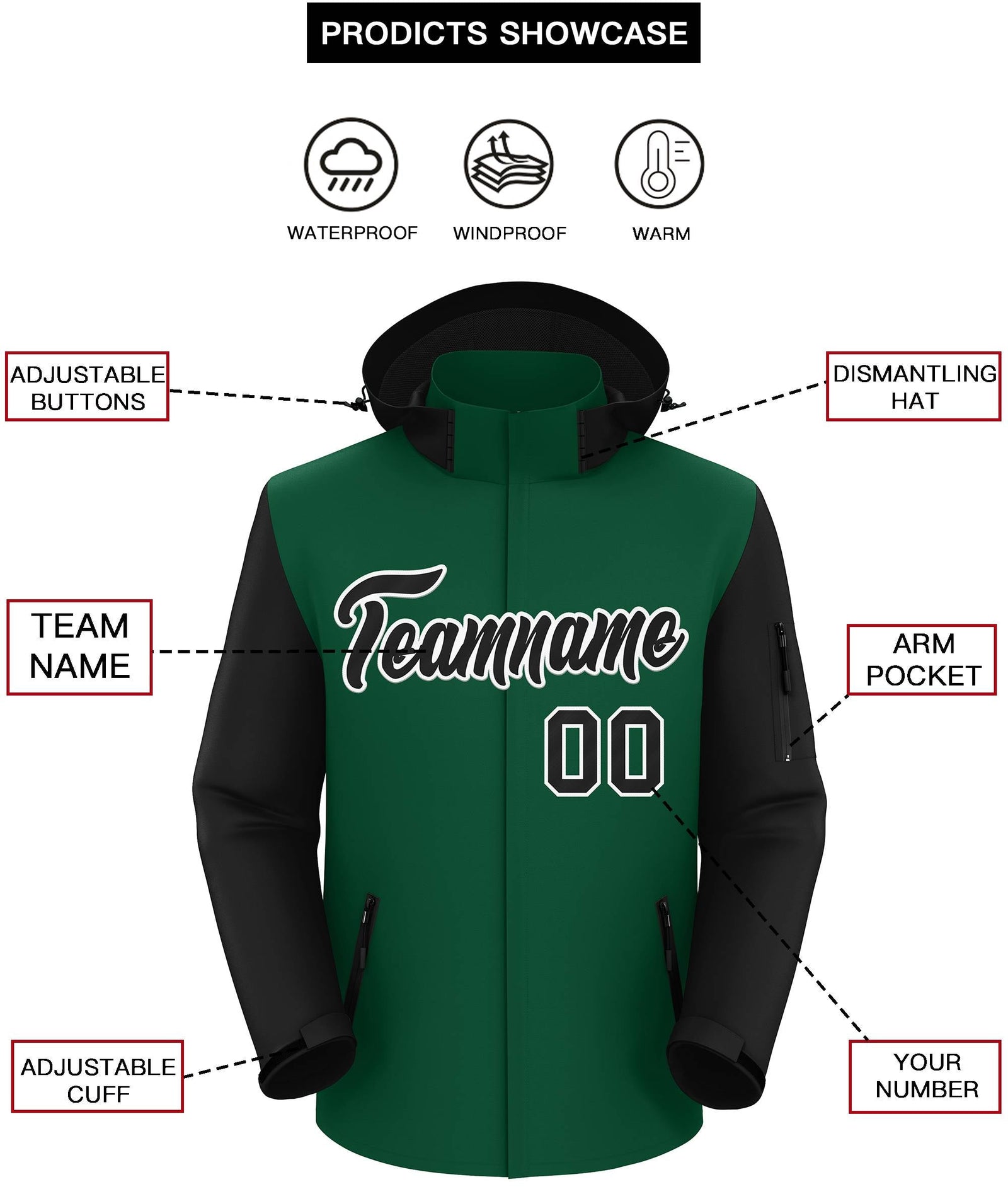 Custom Green Black-White Raglan Sleeves Waterproof Jacket