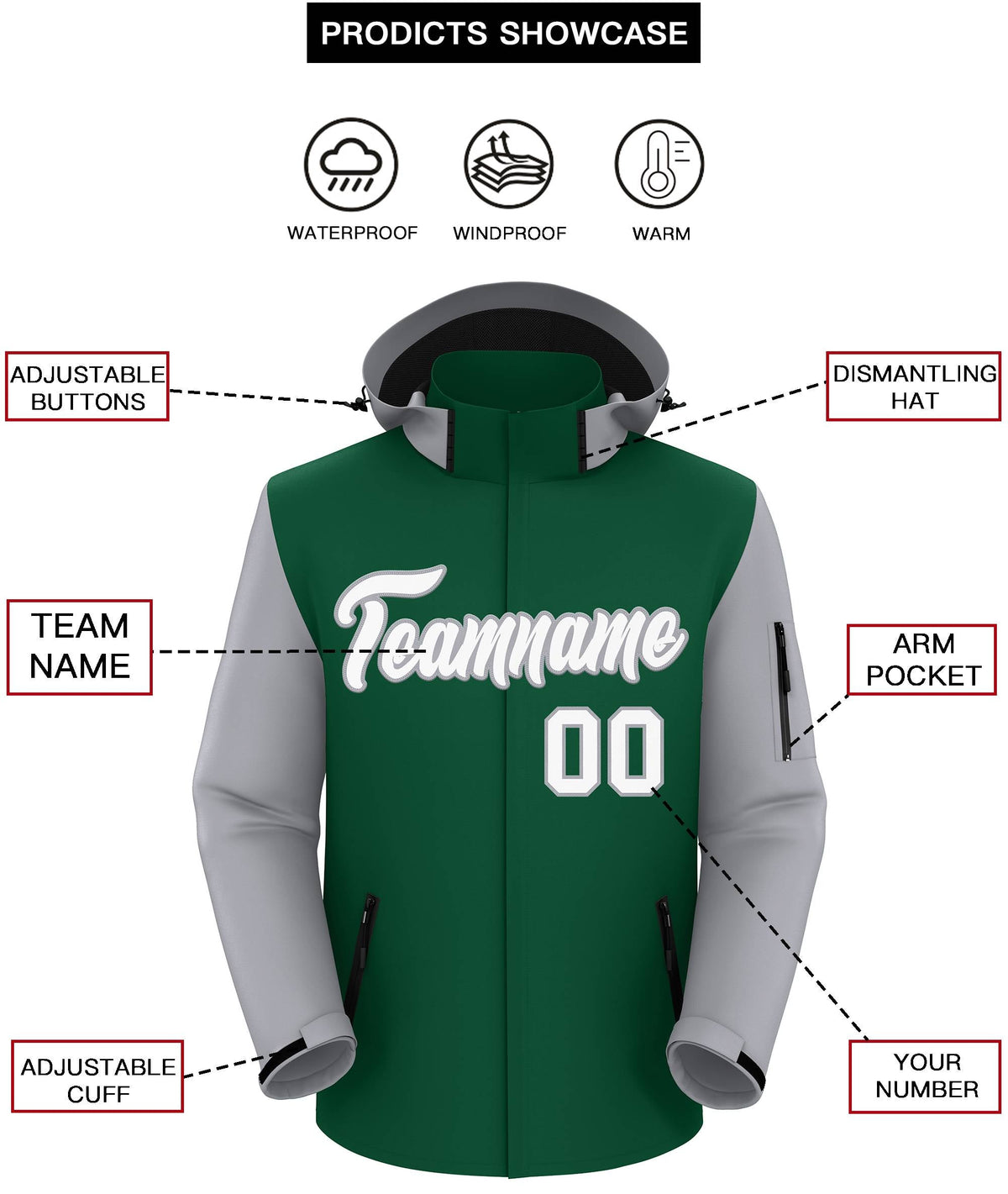 Custom Green Gray-White Raglan Sleeves Waterproof Jacket
