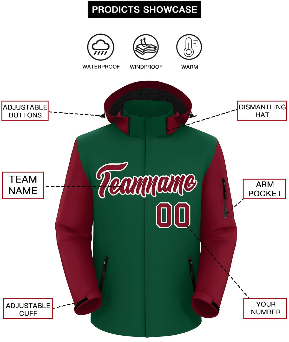 Custom Green Crimson-White Raglan Sleeves Waterproof Jacket