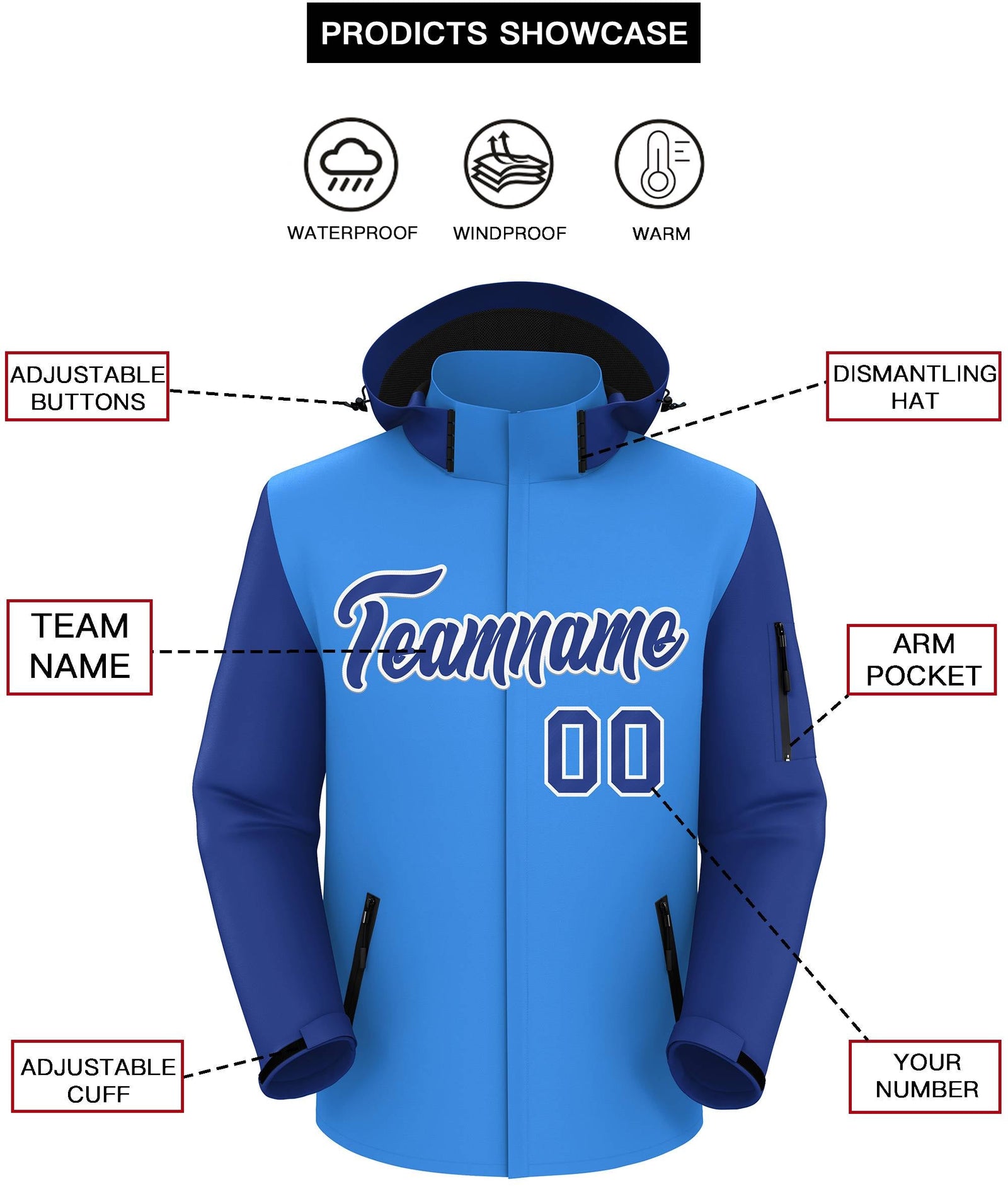 Custom Powder Blue Royal-White Raglan Sleeves Waterproof Jacket