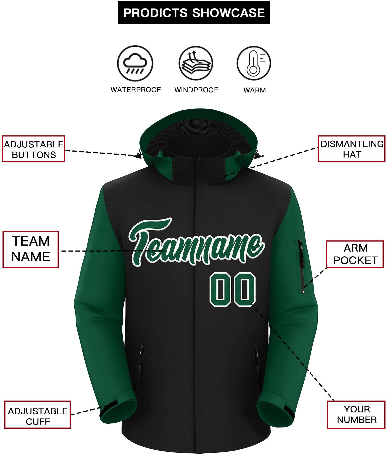 Custom Black Green-White Raglan Sleeves Waterproof Jacket
