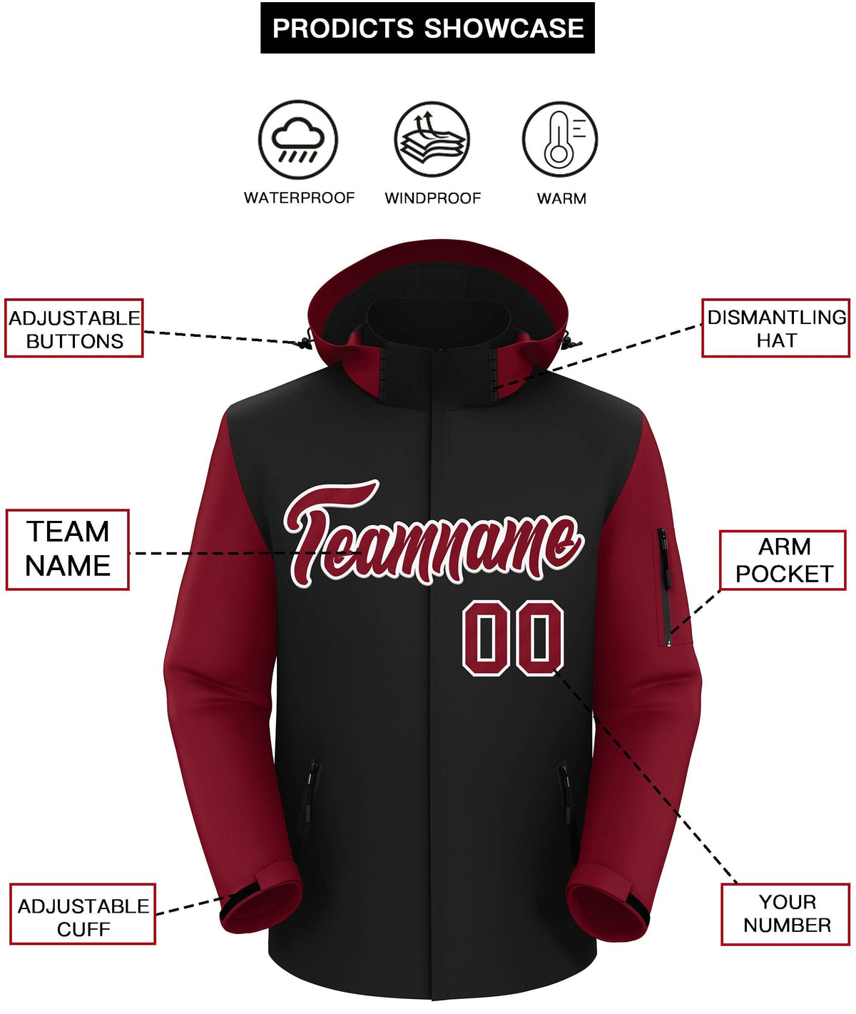 Custom Black Crimson-White Raglan Sleeves Waterproof Jacket
