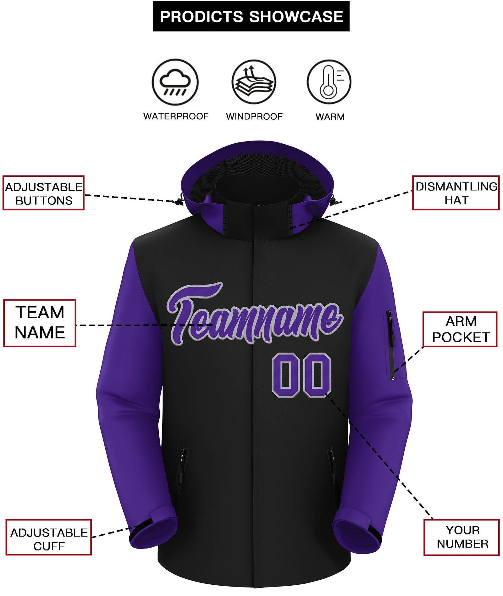 Custom Black Purple-Gray Raglan Sleeves Waterproof Jacket