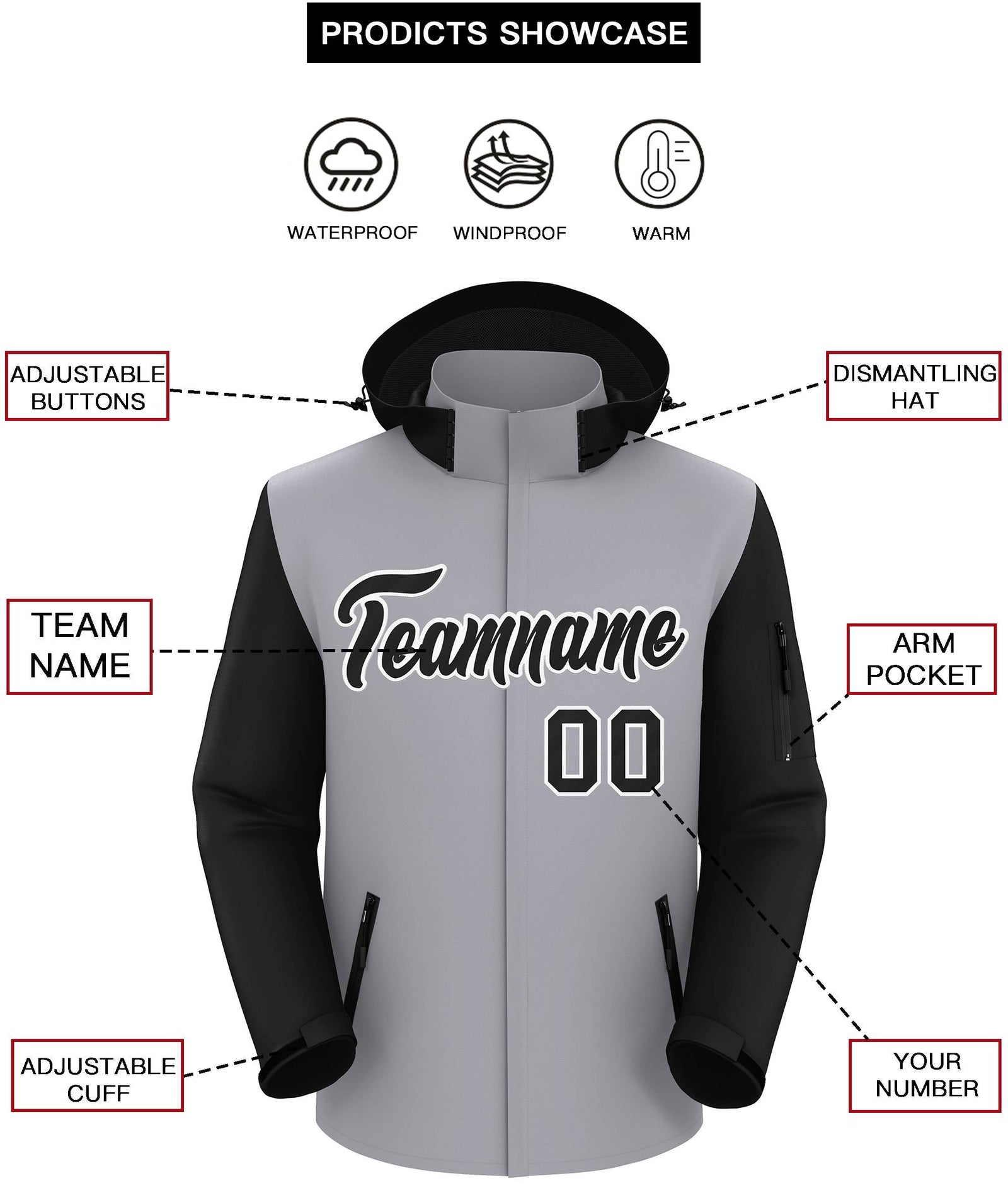 Custom Gray Black-White Raglan Sleeves Waterproof Jacket
