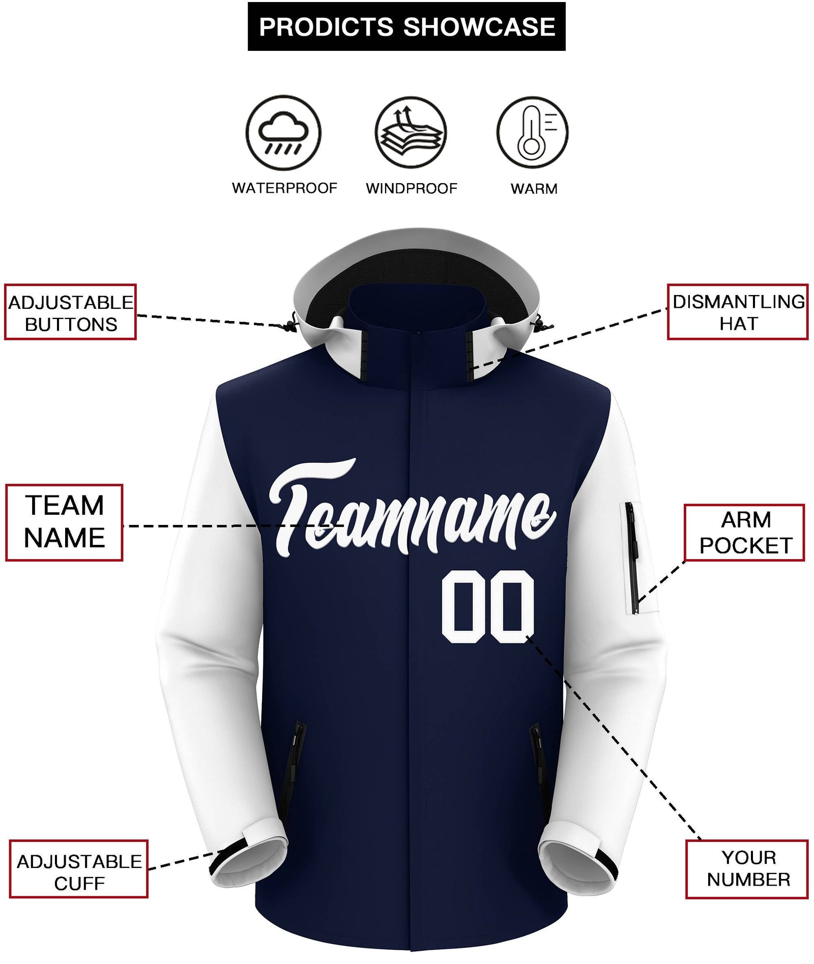 Custom Navy White Raglan Sleeves Waterproof Jacket