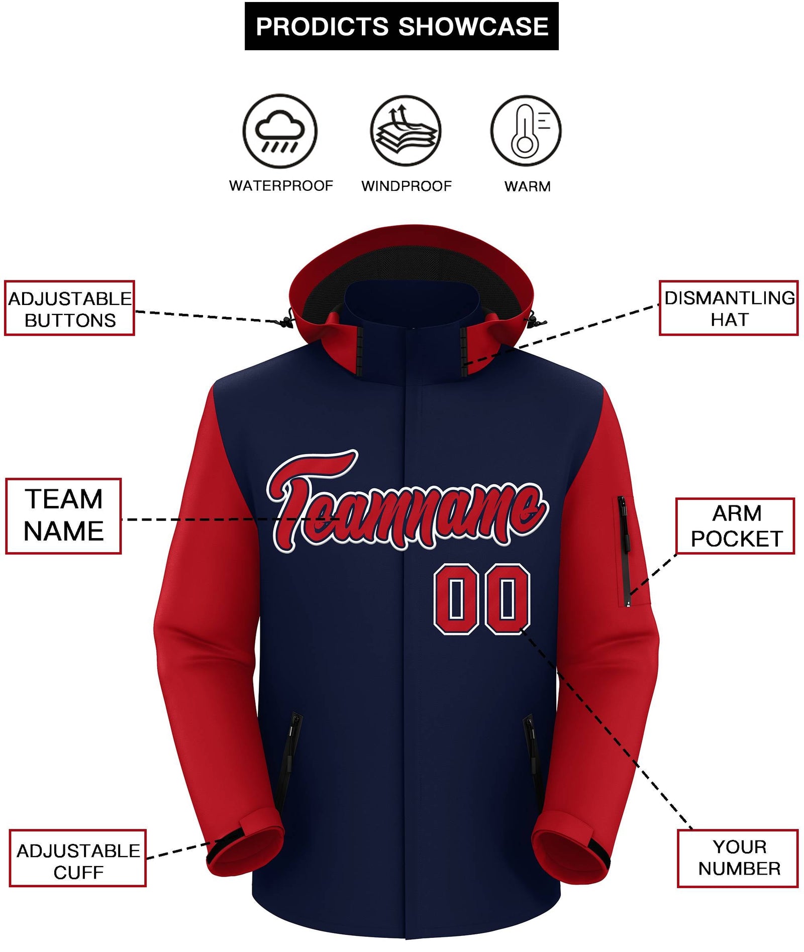 Custom Navy Red-White Raglan Sleeves Waterproof Jacket