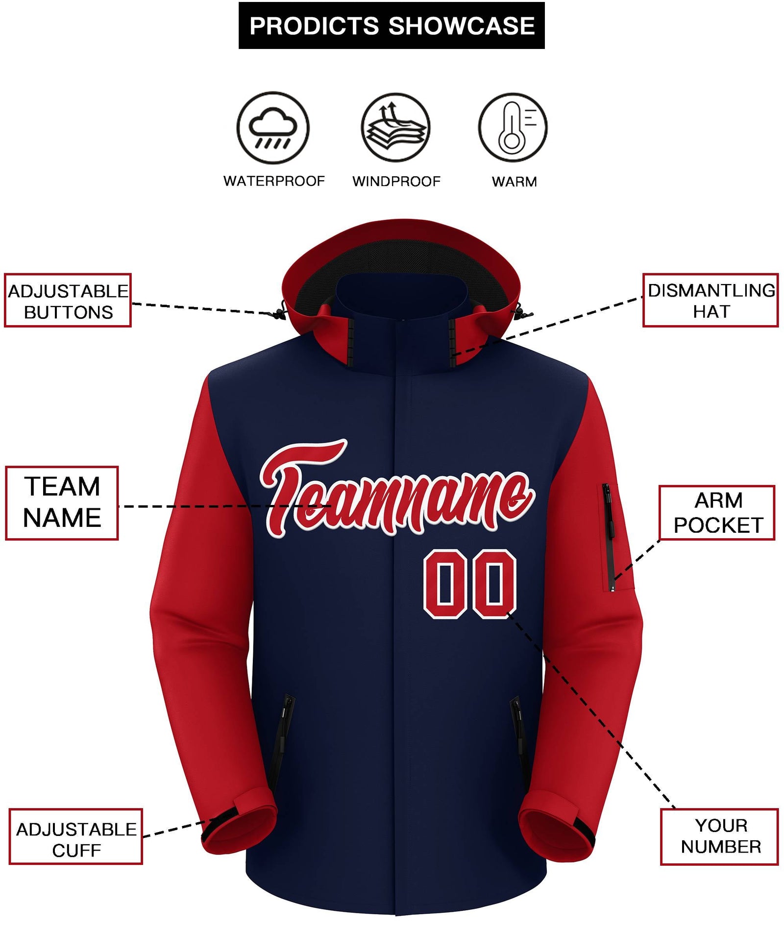 Custom Navy Red-White Raglan Sleeves Waterproof Jacket