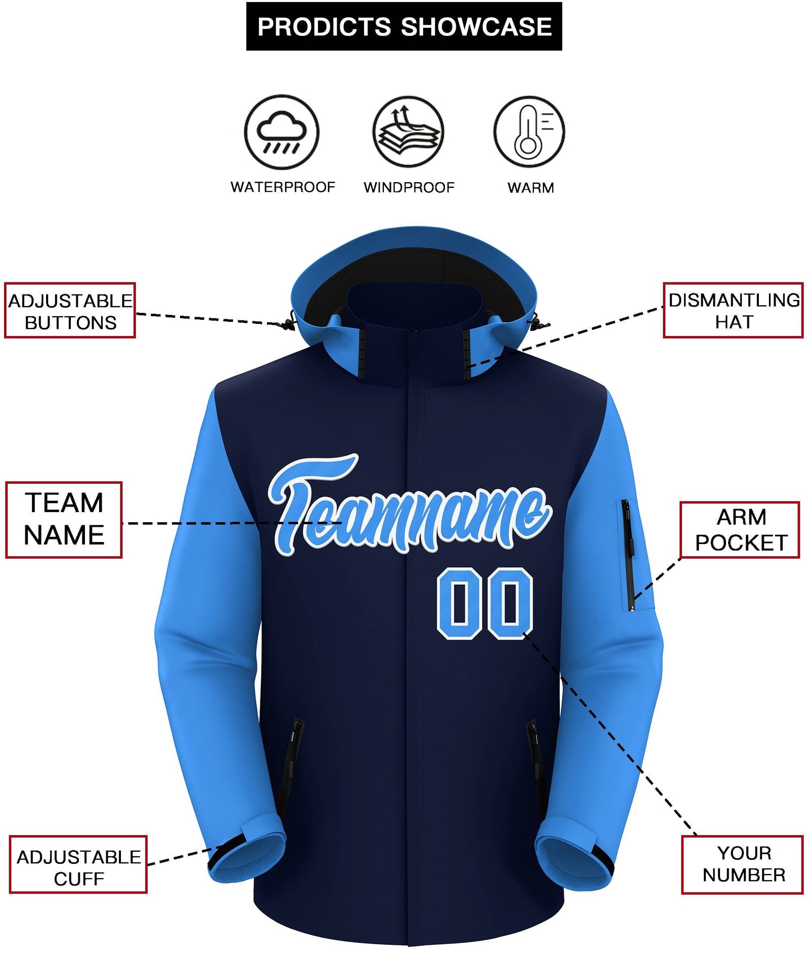 Custom Navy Powder Blue-White Raglan Sleeves Waterproof Jacket