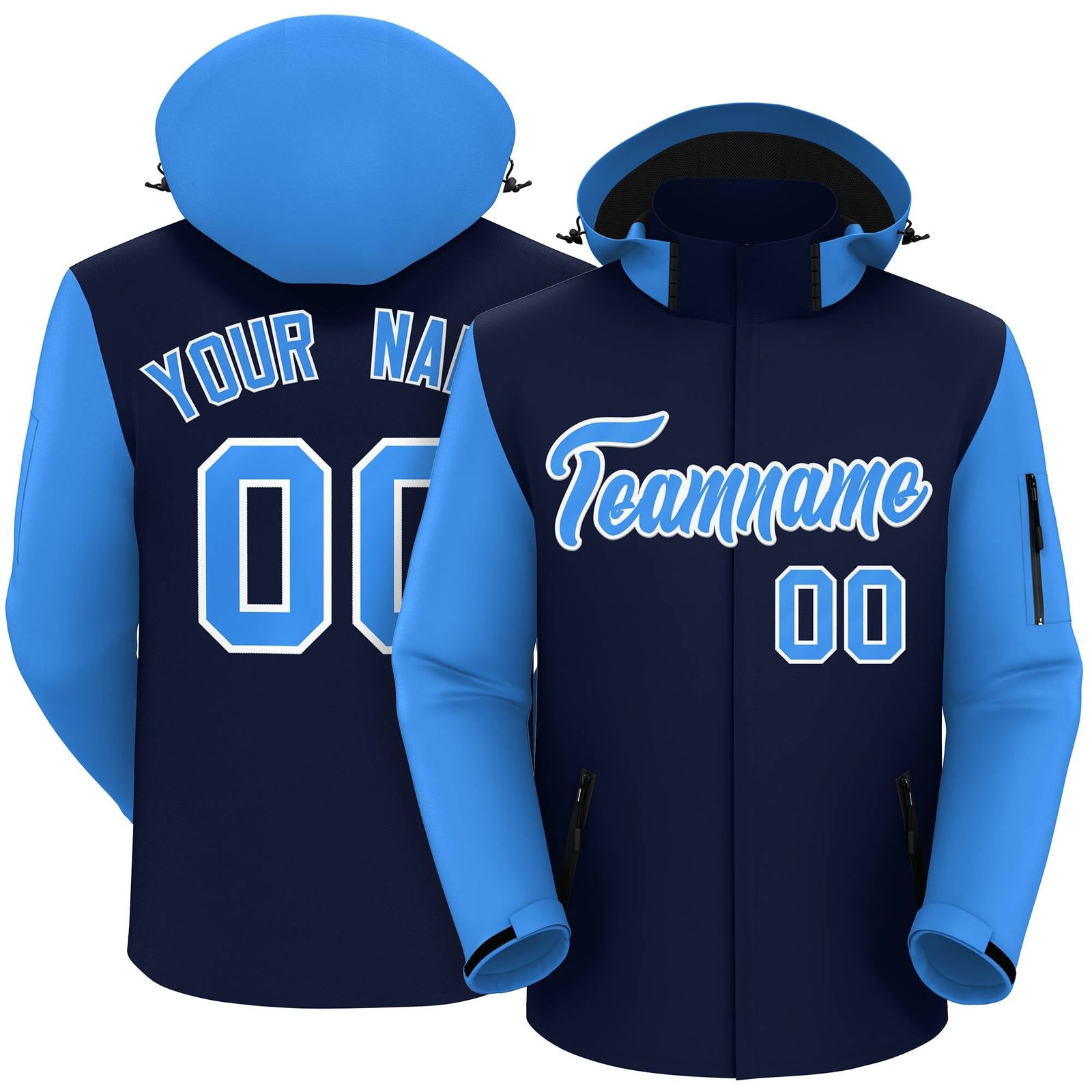 Custom Navy Powder Blue-White Raglan Sleeves Waterproof Jacket