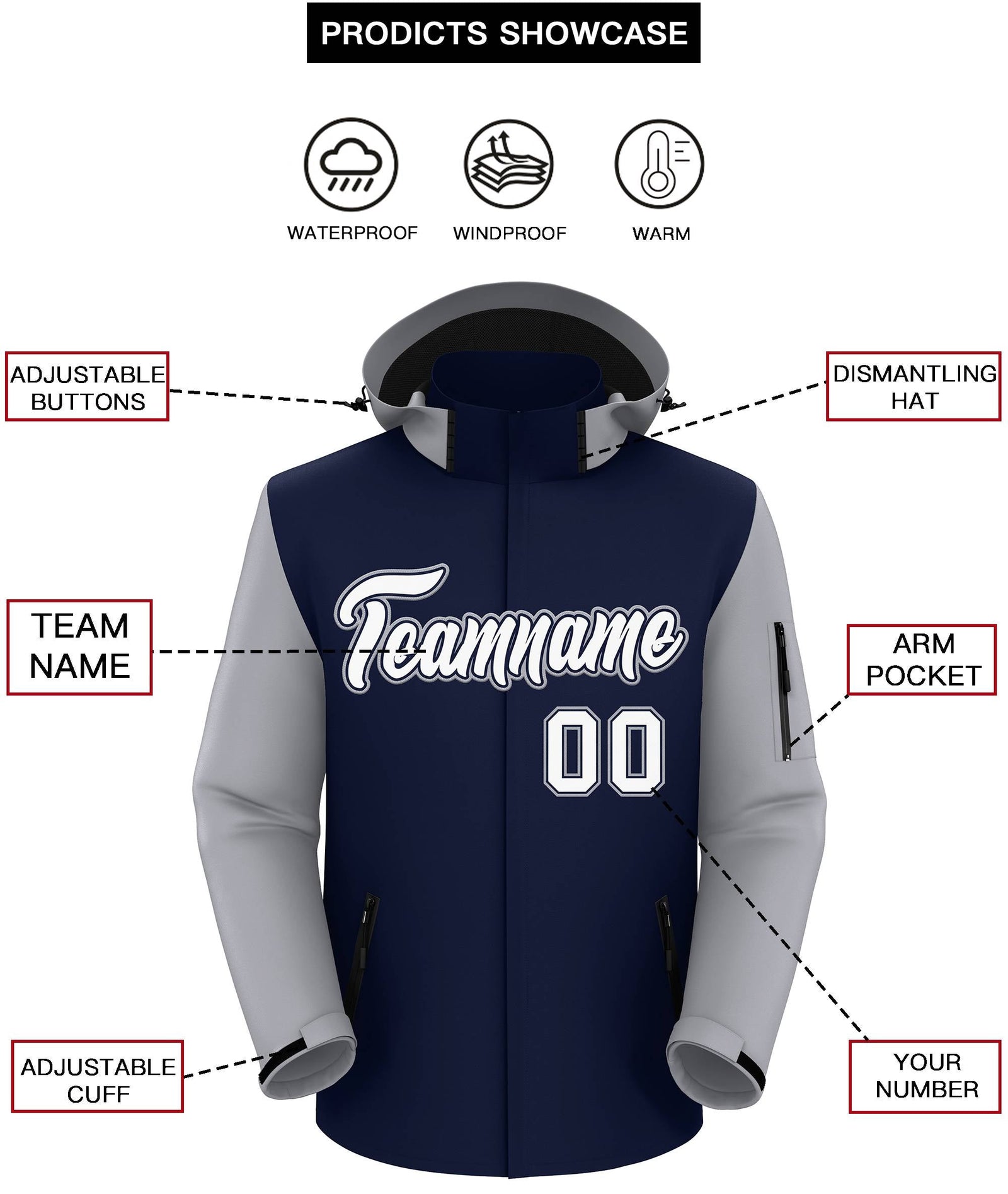 Custom Navy Gray-White Raglan Sleeves Waterproof Jacket