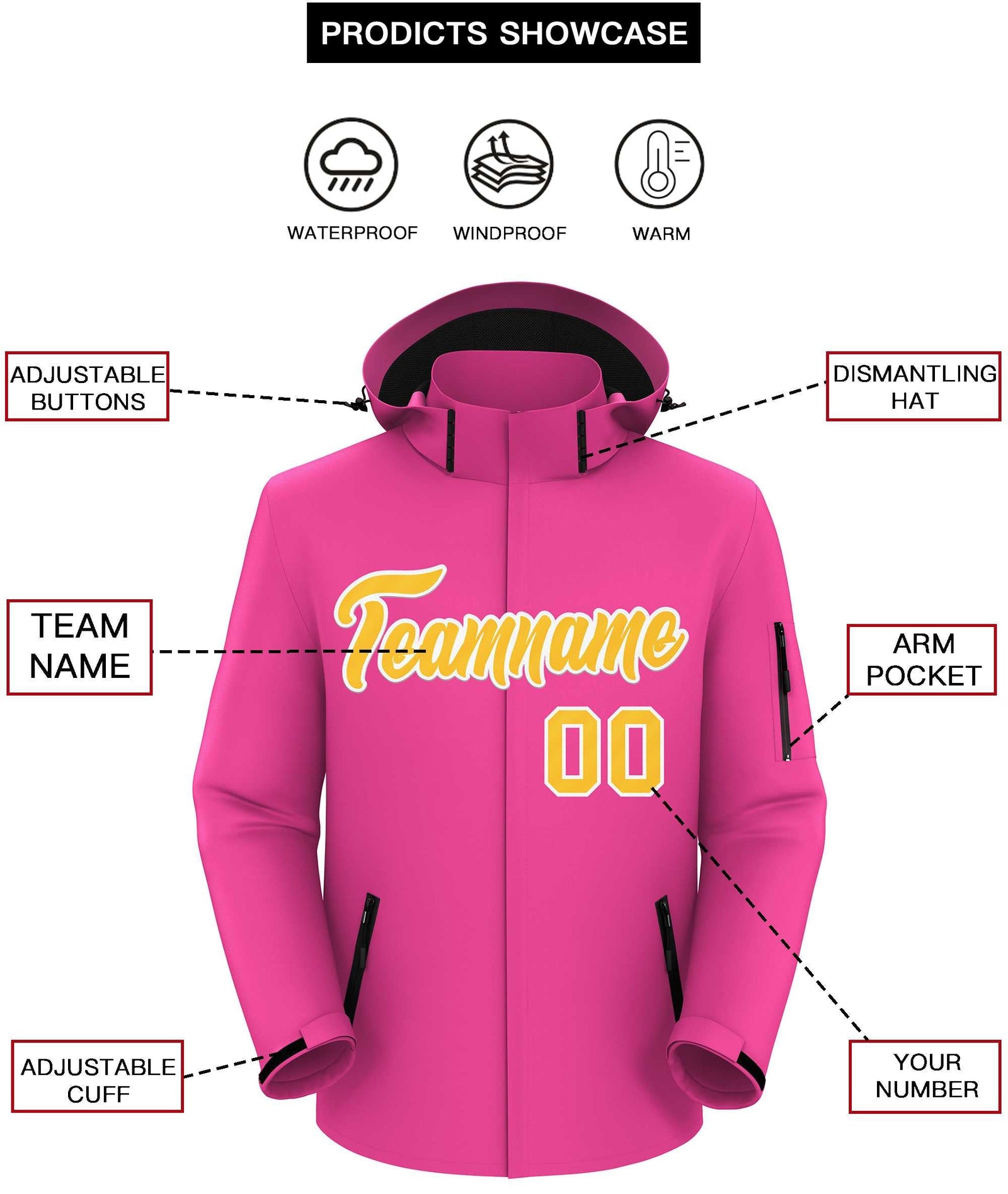 Custom Pink Gold-White Classic Style Waterproof Jacket