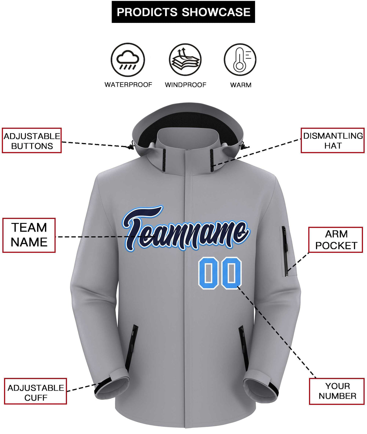 Custom Gray Navy-Powder Blue Classic Style Waterproof Jacket