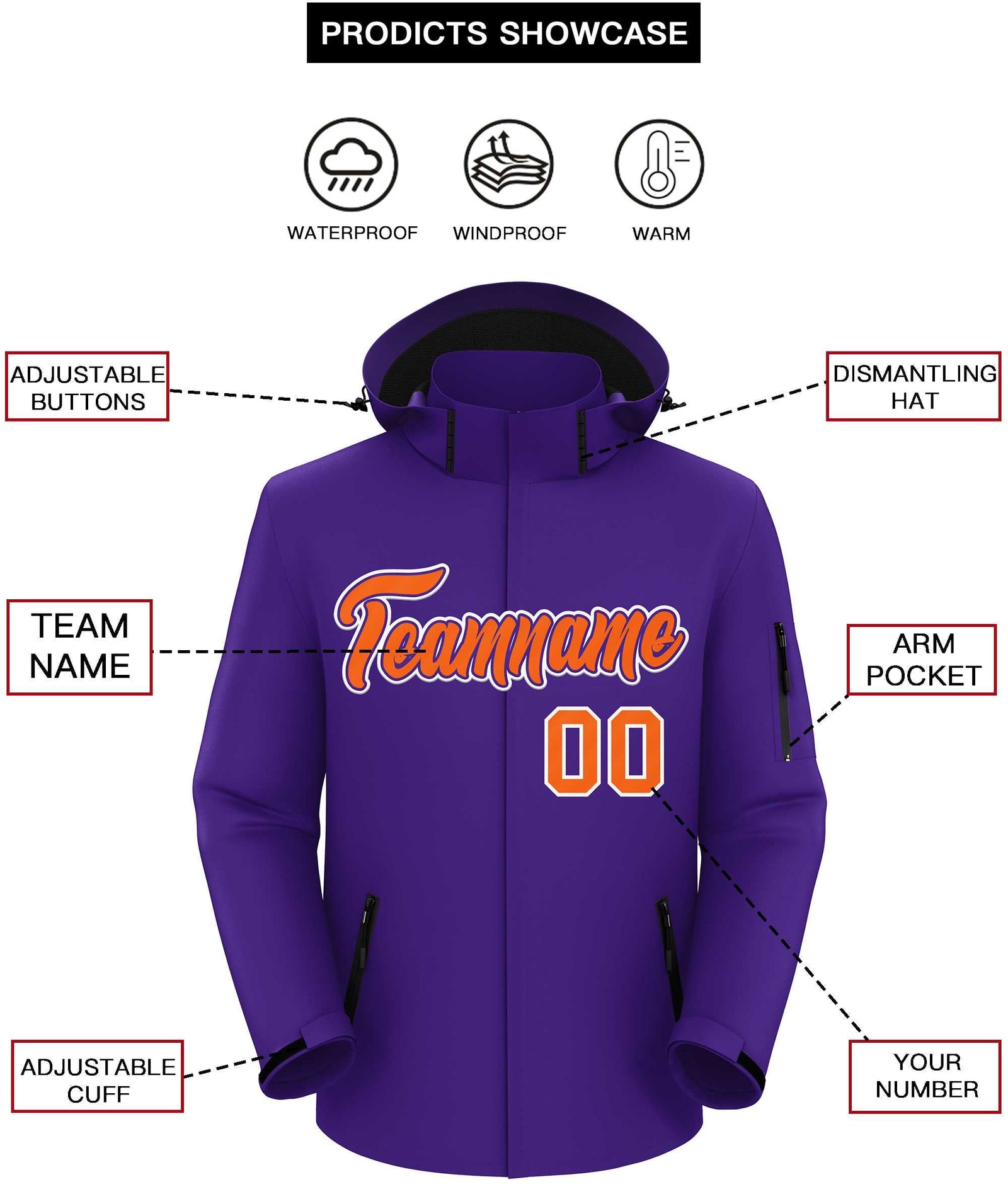 Custom Purple Orange-White Classic Style Waterproof Jacket