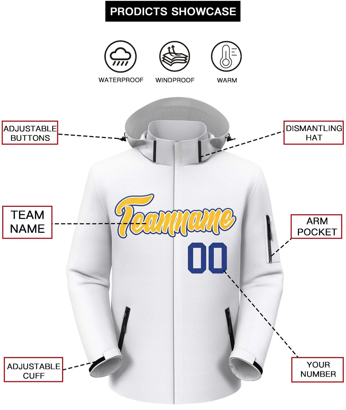 Custom White Gold-Royal Classic Style Waterproof Jacket