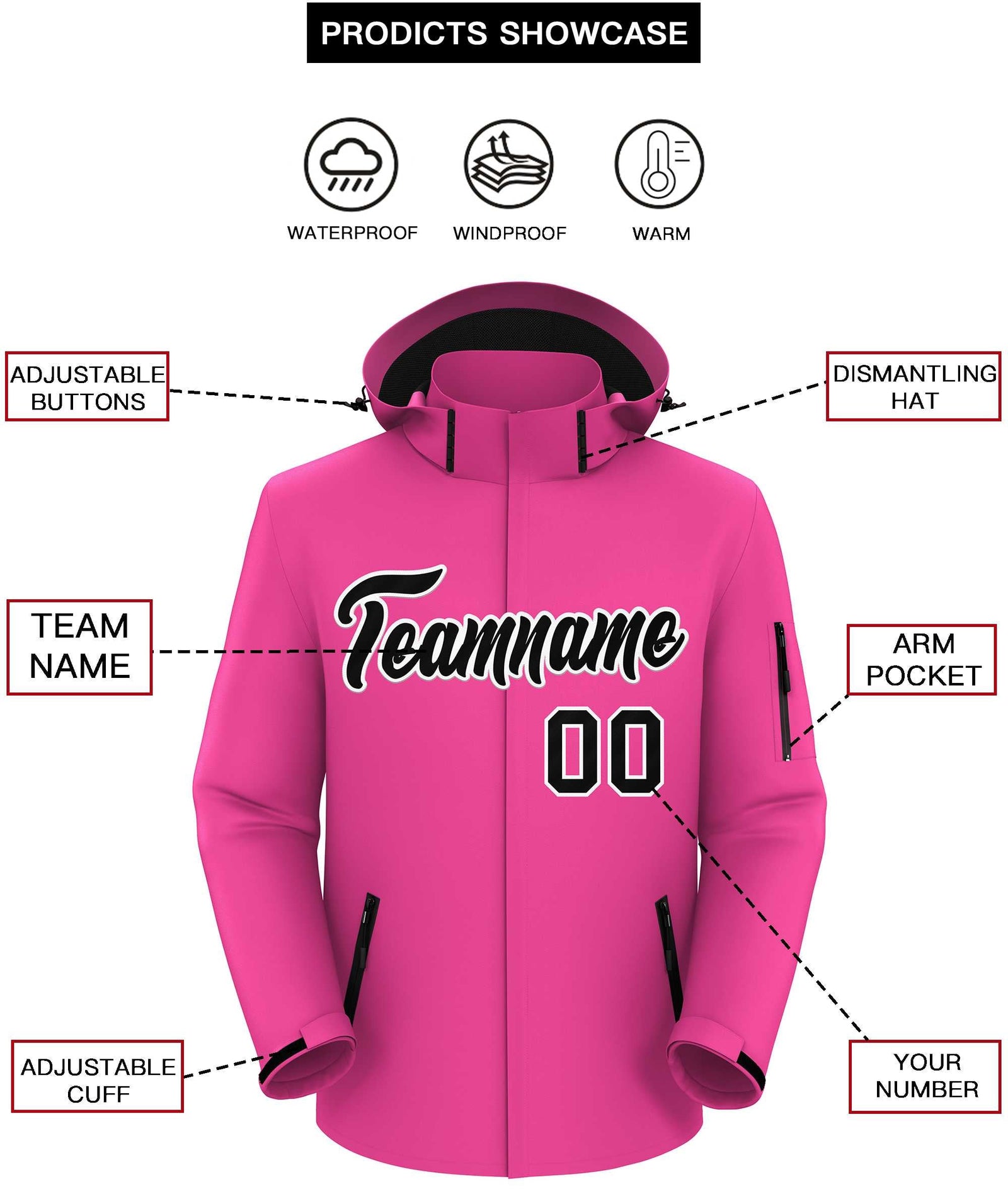Custom Pink Black-White Classic Style Waterproof Jacket
