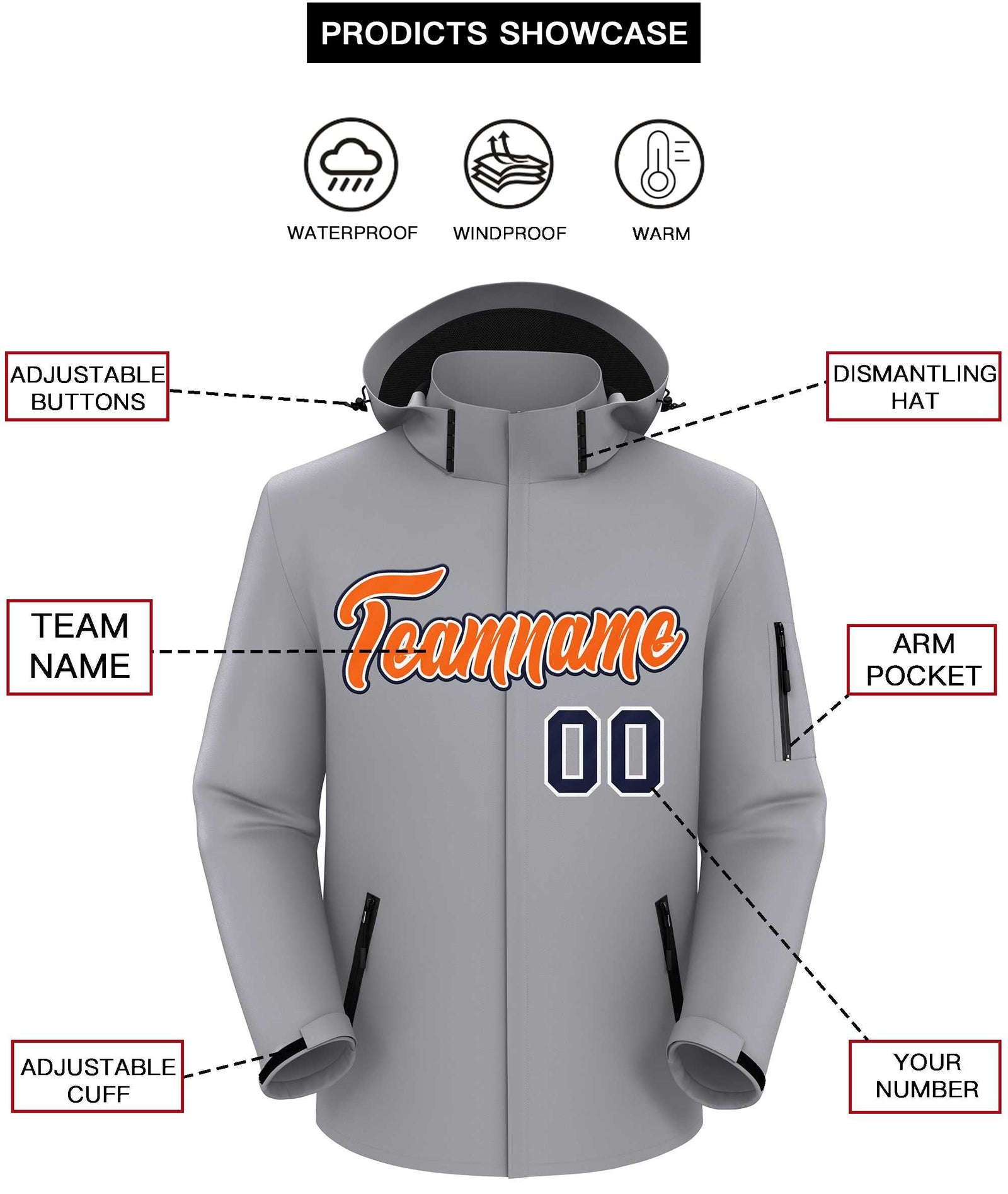 Custom Gray Orange-Navy Classic Style Waterproof Jacket