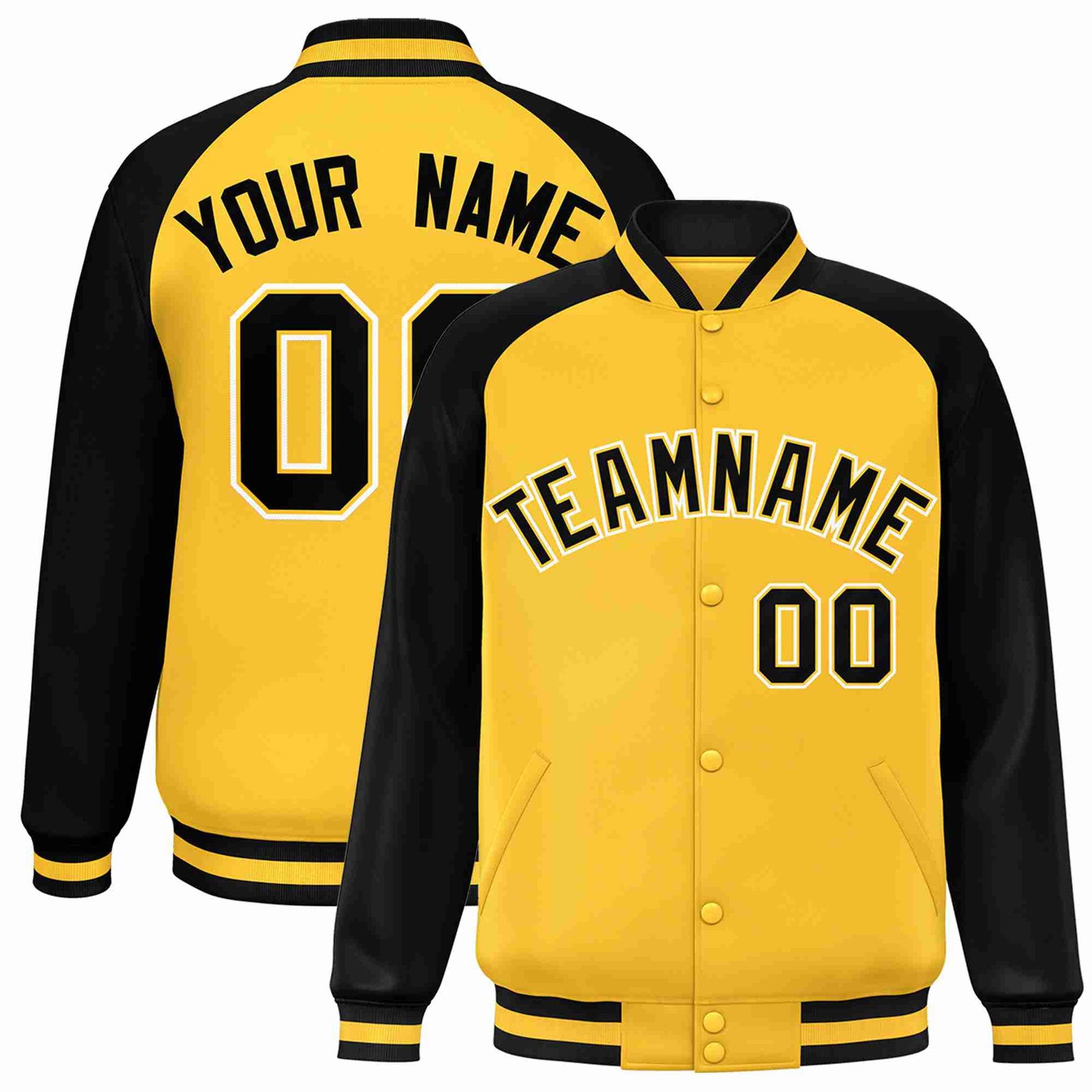 Custom Gold Black-Gold Raglan Sleeves Varsity Full-Snap Letterman Jacket