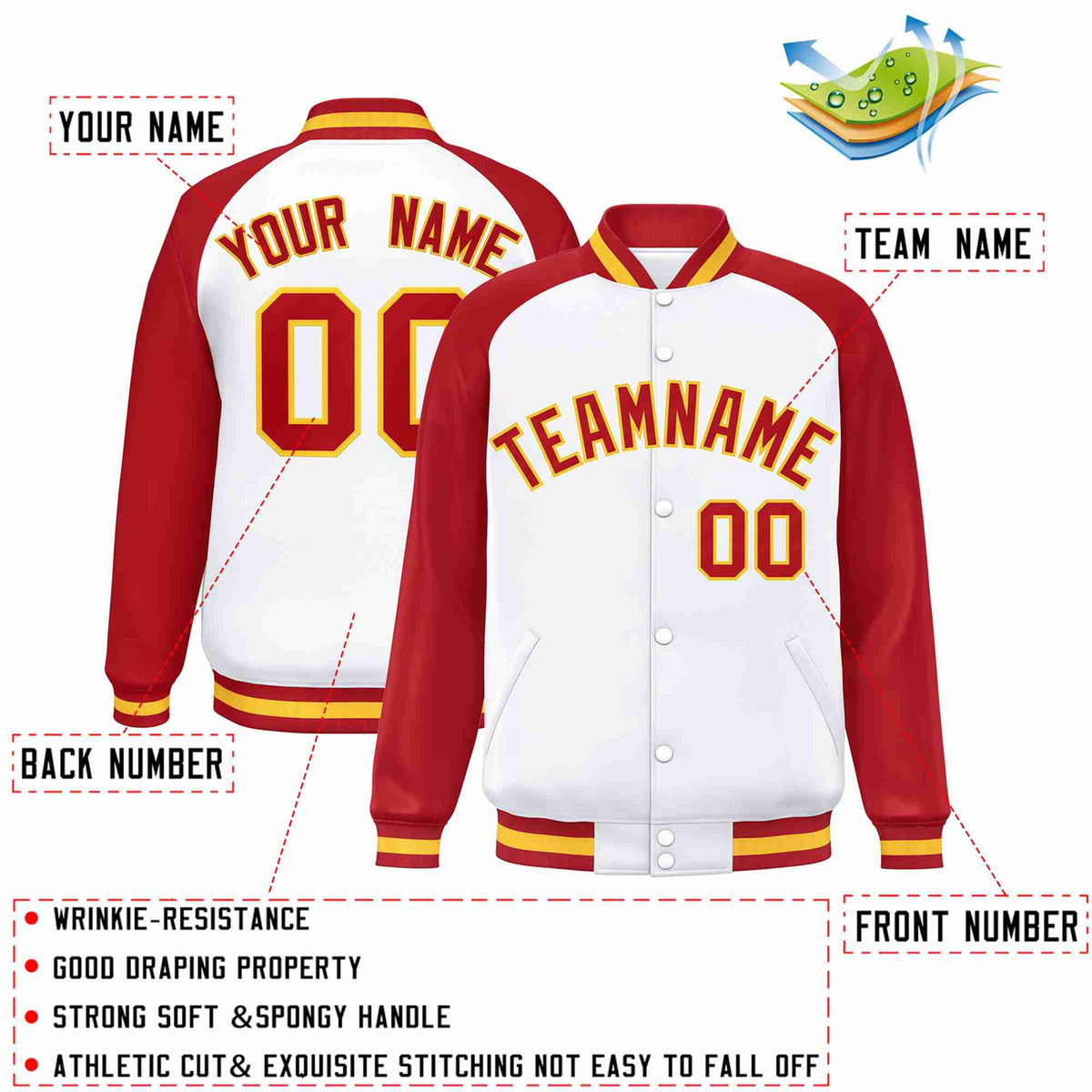 Custom White Red-Gold Raglan Sleeves Varsity Full-Snap Letterman Jacket