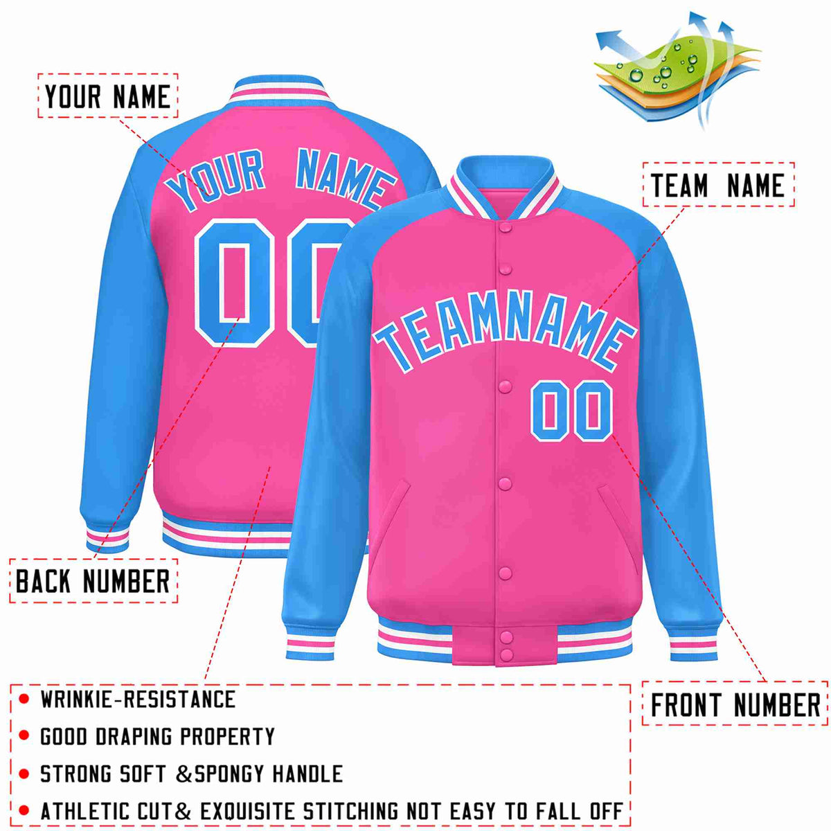 Custom Pink Powder Blue-White Raglan Sleeves Varsity Full-Snap Letterman Jacket