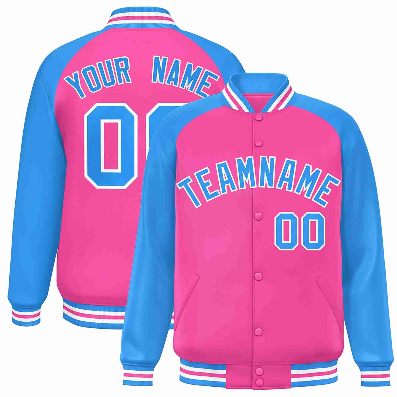 Custom Pink Powder Blue-White Raglan Sleeves Varsity Full-Snap Letterman Jacket