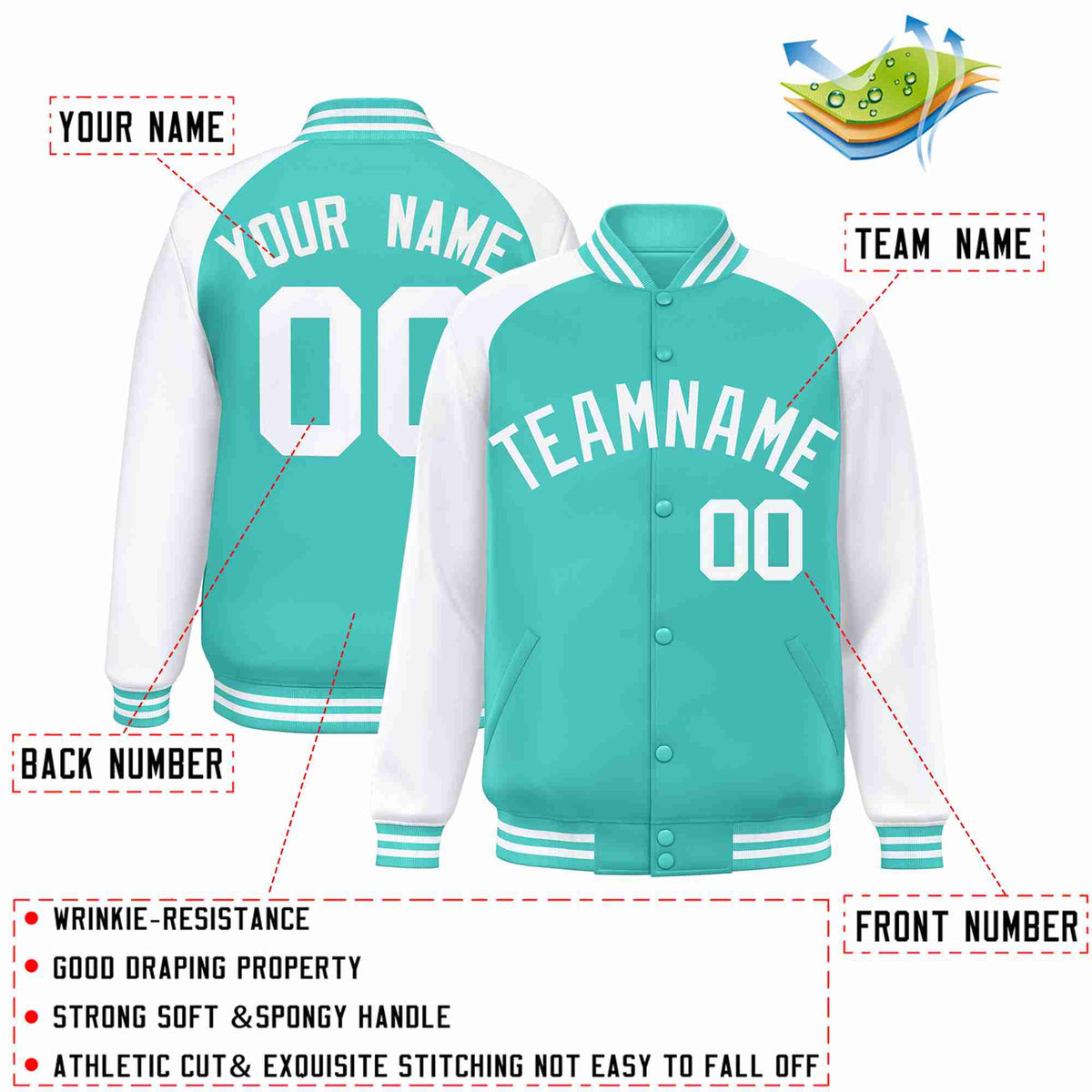 Custom Aqua White Raglan Sleeves Varsity Full-Snap Letterman Jacket
