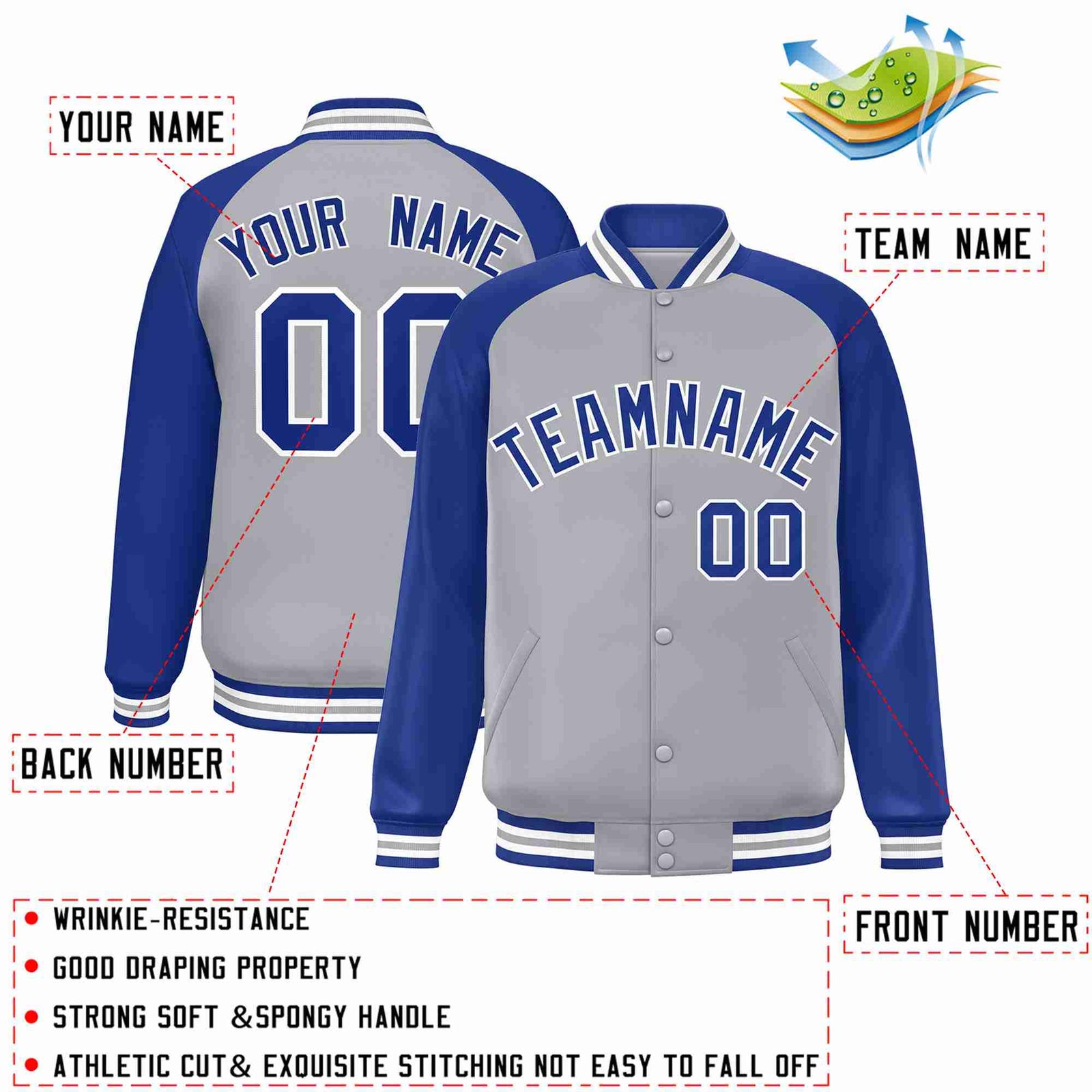 Custom Gray Royal-White Raglan Sleeves Varsity Full-Snap Letterman Jacket