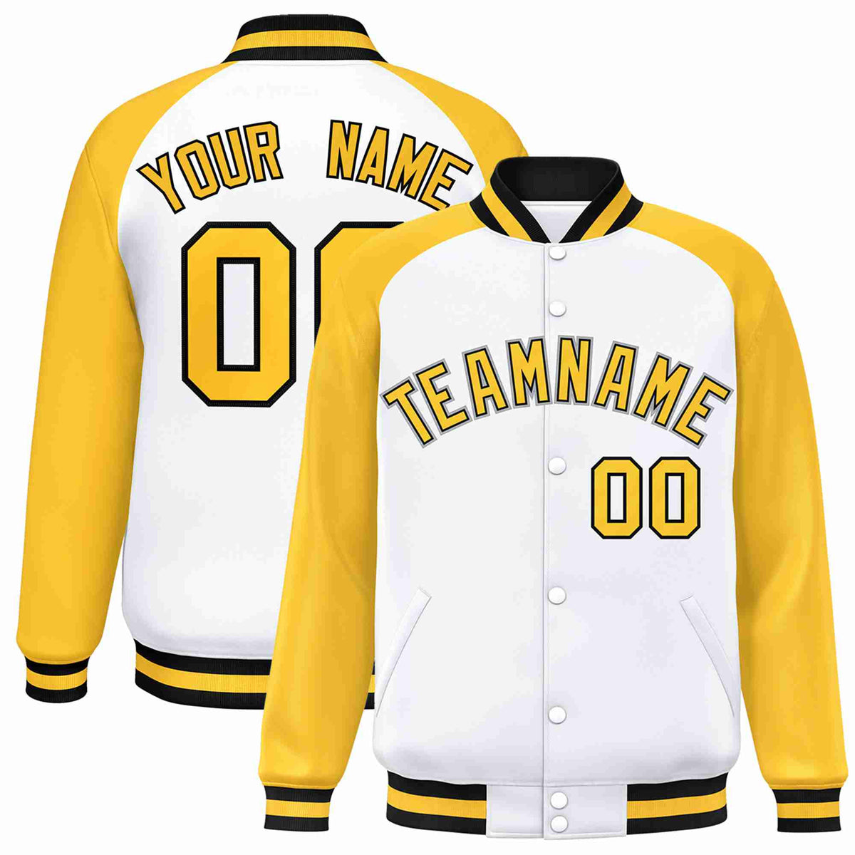 Custom White Gold-Black Raglan Sleeves Varsity Full-Snap Letterman Jacket