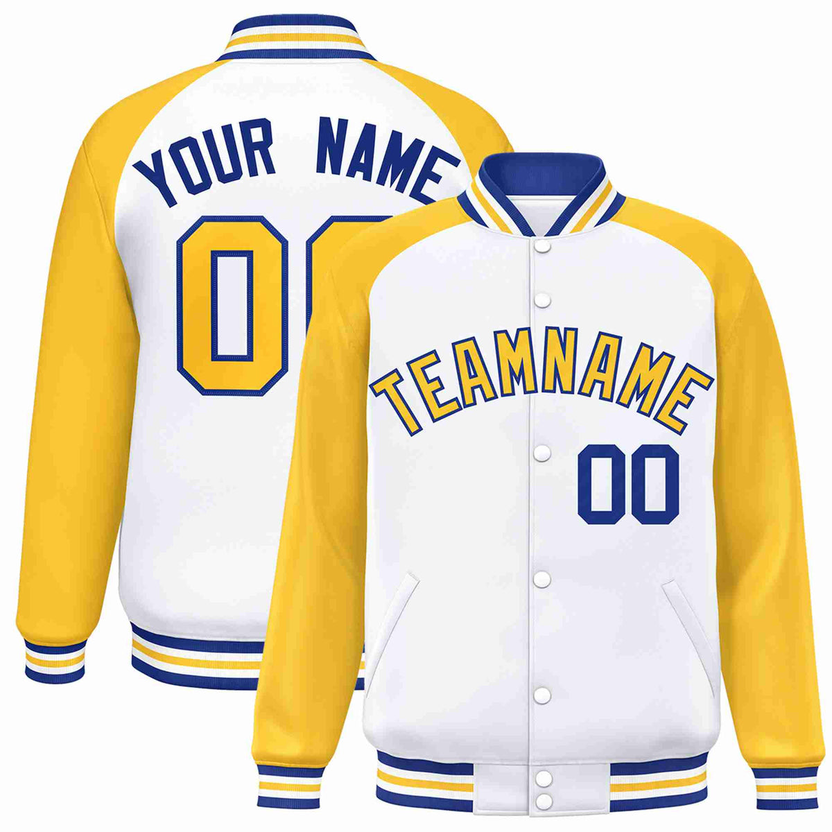 Custom White Gold-Royal Raglan Sleeves Varsity Full-Snap Letterman Jacket