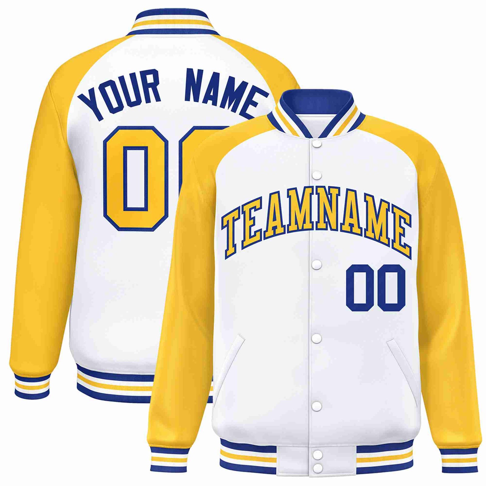 Custom White Gold-Royal Raglan Sleeves Varsity Full-Snap Letterman Jacket