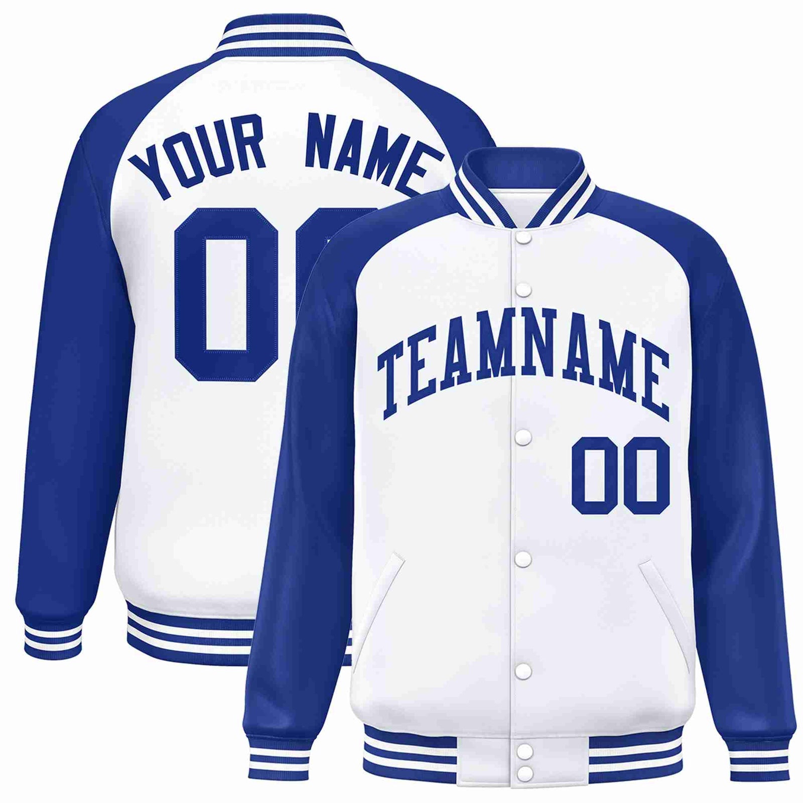 Custom White Royal Raglan Sleeves Varsity Full-Snap Letterman Jacket