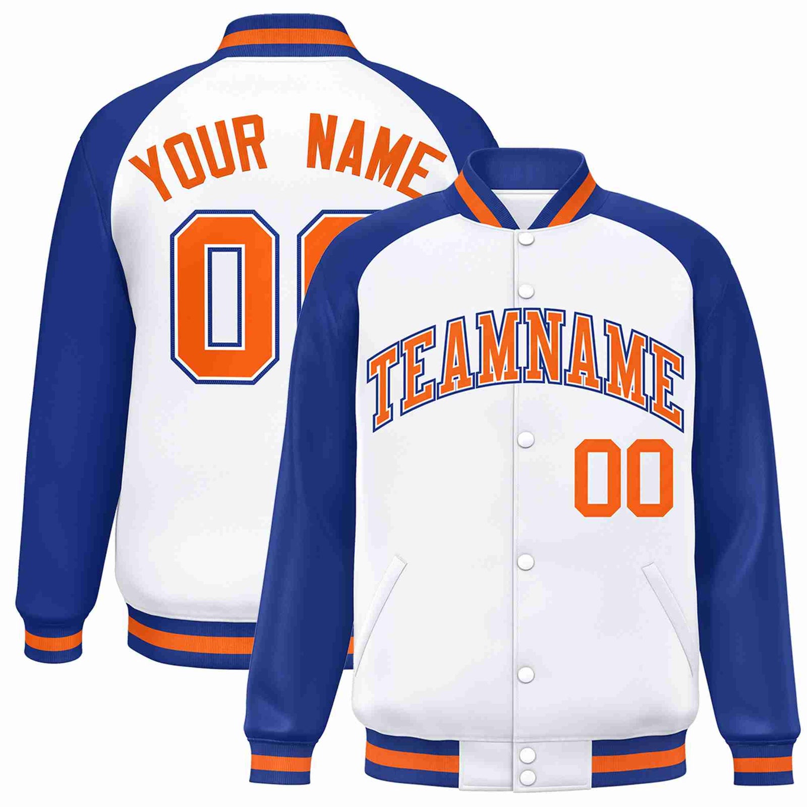 Custom White Orange-White Raglan Sleeves Varsity Full-Snap Letterman Jacket