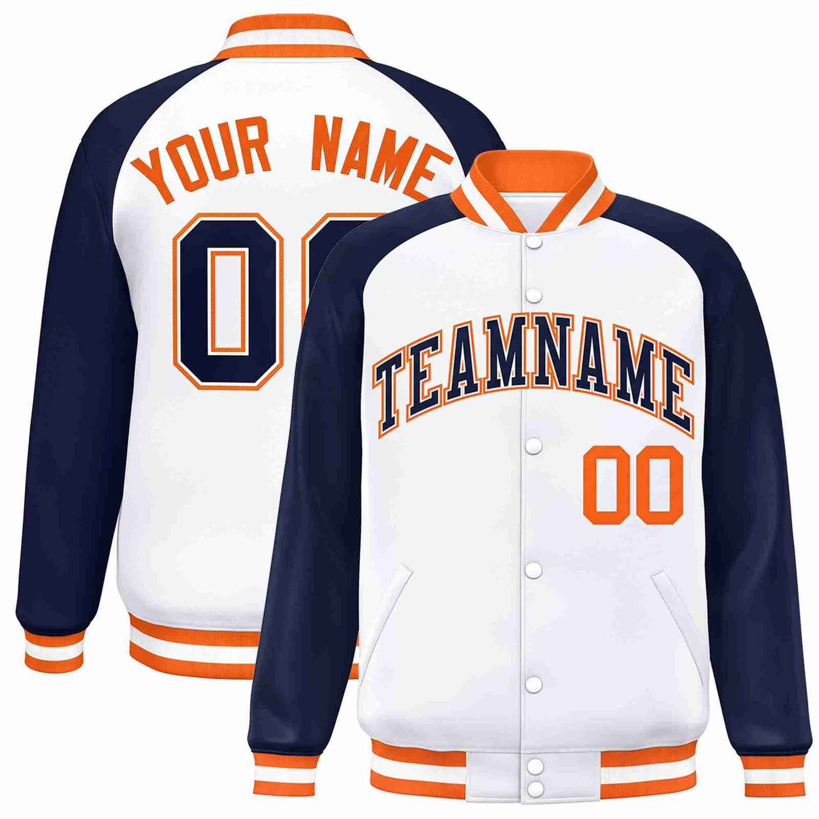 Custom White Navy-White Raglan Sleeves Varsity Full-Snap Letterman Jacket