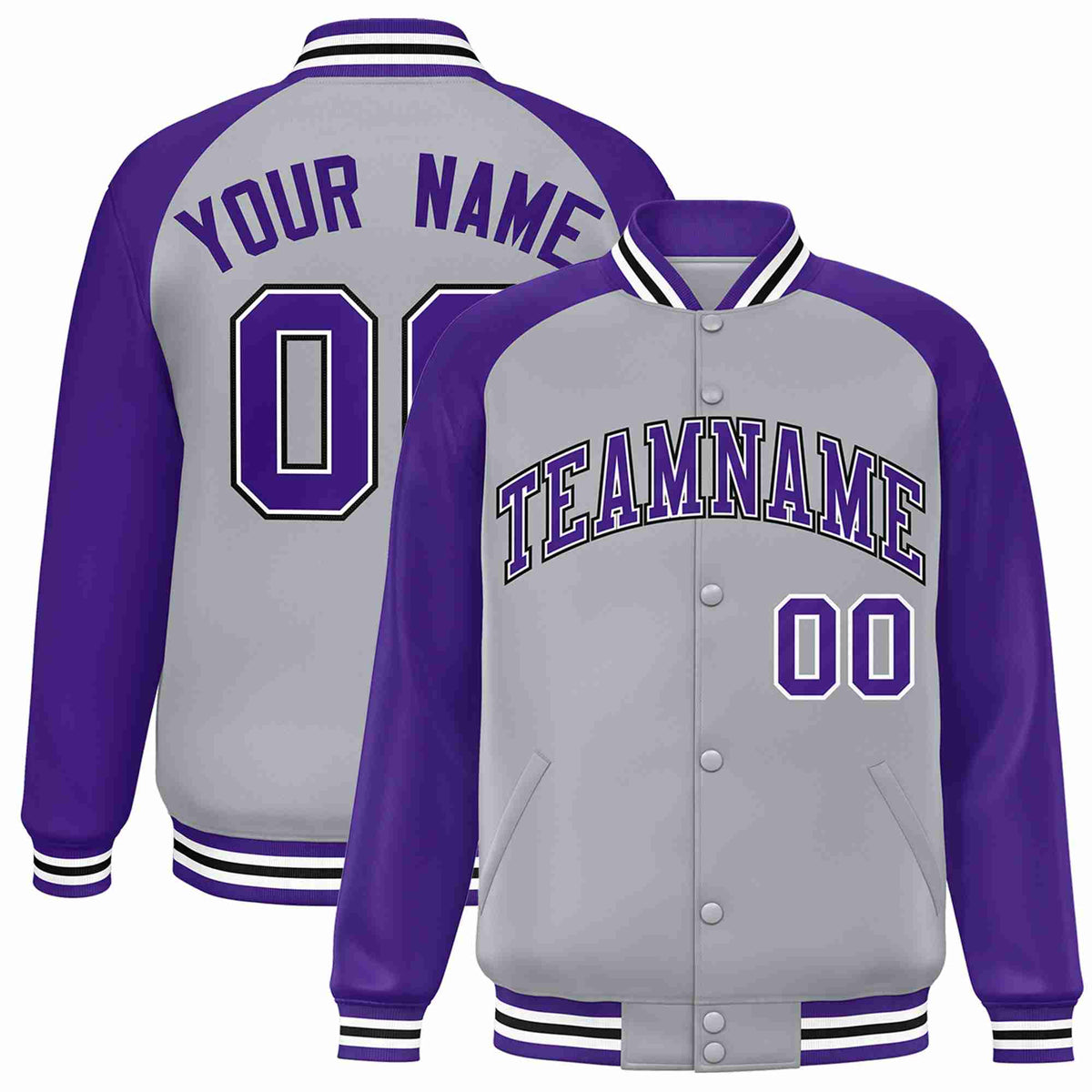 Custom Gray Purple-White Raglan Sleeves Varsity Full-Snap Letterman Jacket