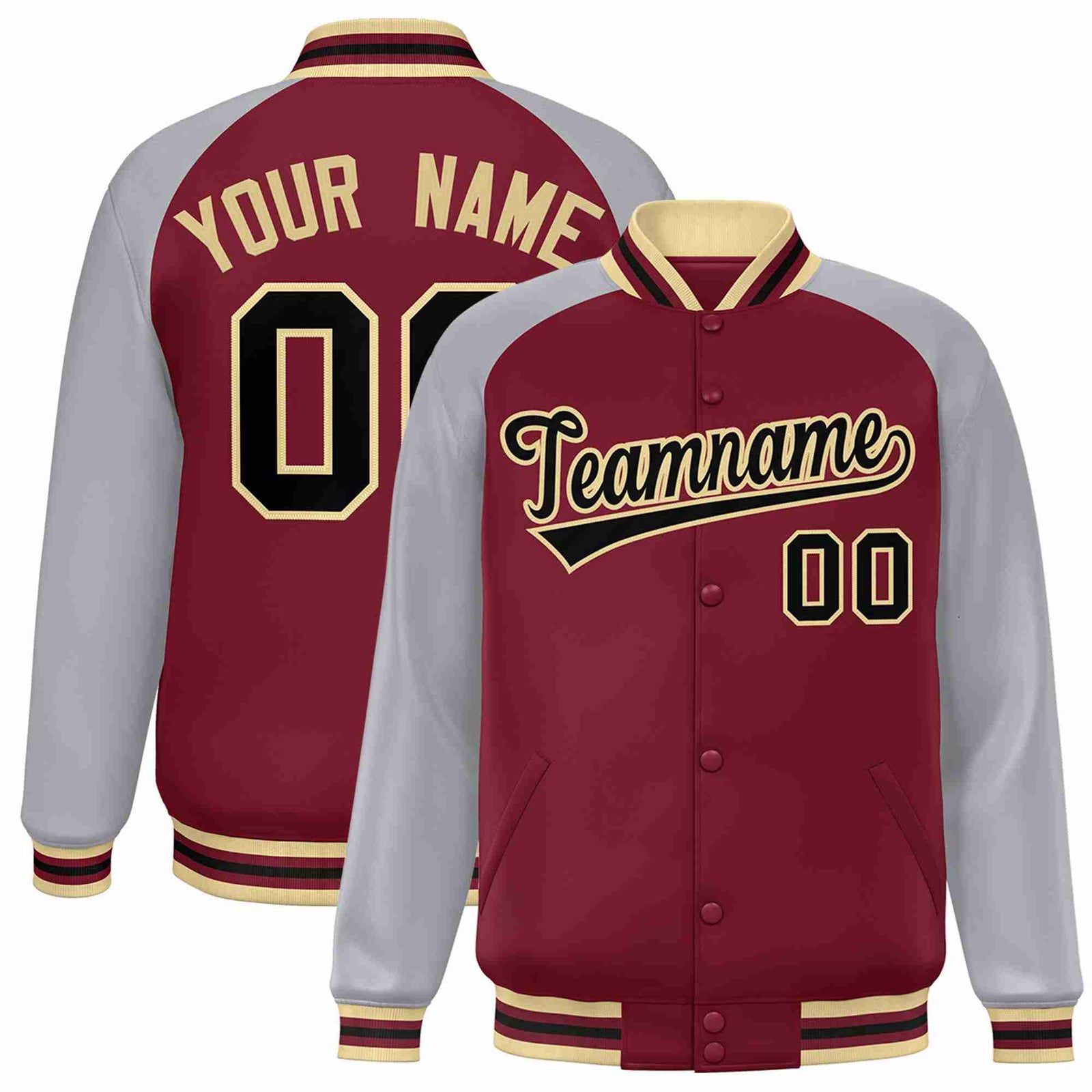 Custom Crimson Black-Khaki Raglan Sleeves Varsity Full-Snap Letterman Jacket