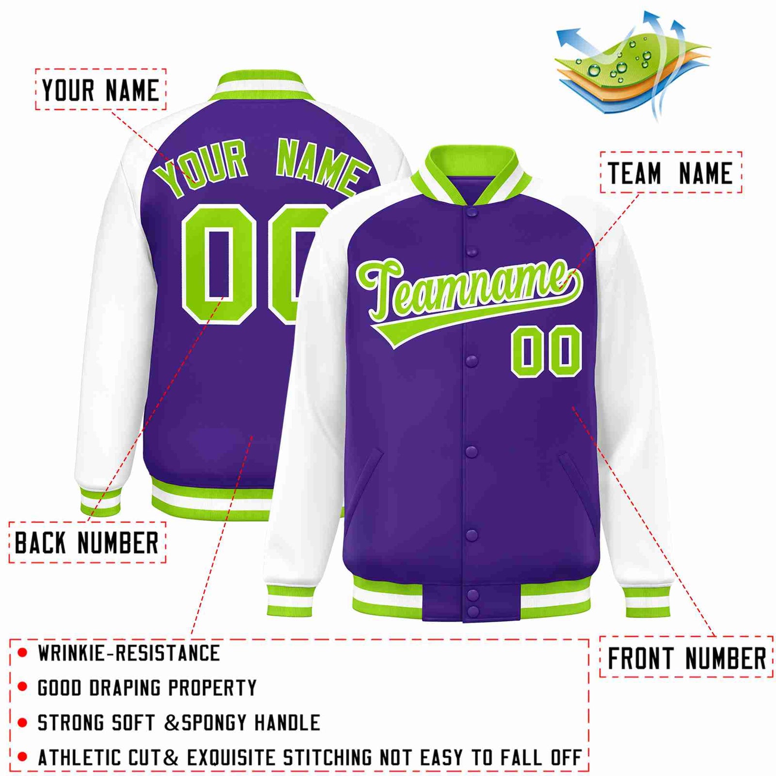 Custom Purple Neon Green-White Raglan Sleeves Varsity Full-Snap Letterman Jacket