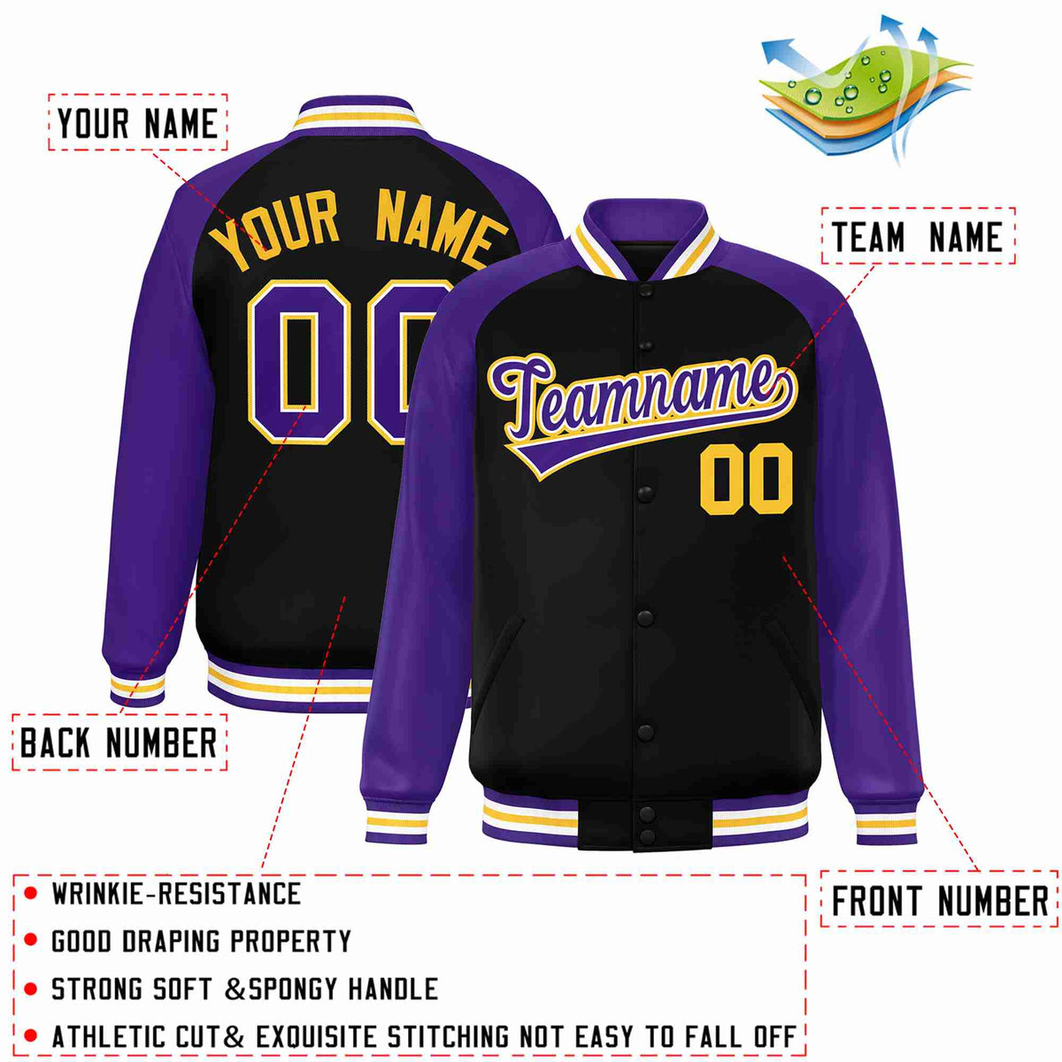 Custom Black Purple-White Raglan Sleeves Varsity Full-Snap Letterman Jacket