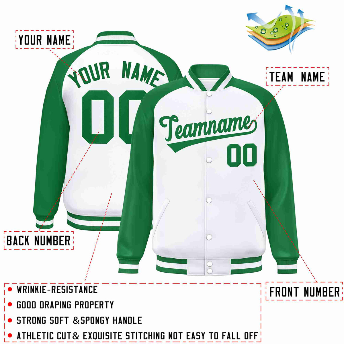 Custom White Green Raglan Sleeves Varsity Full-Snap Letterman Jacket