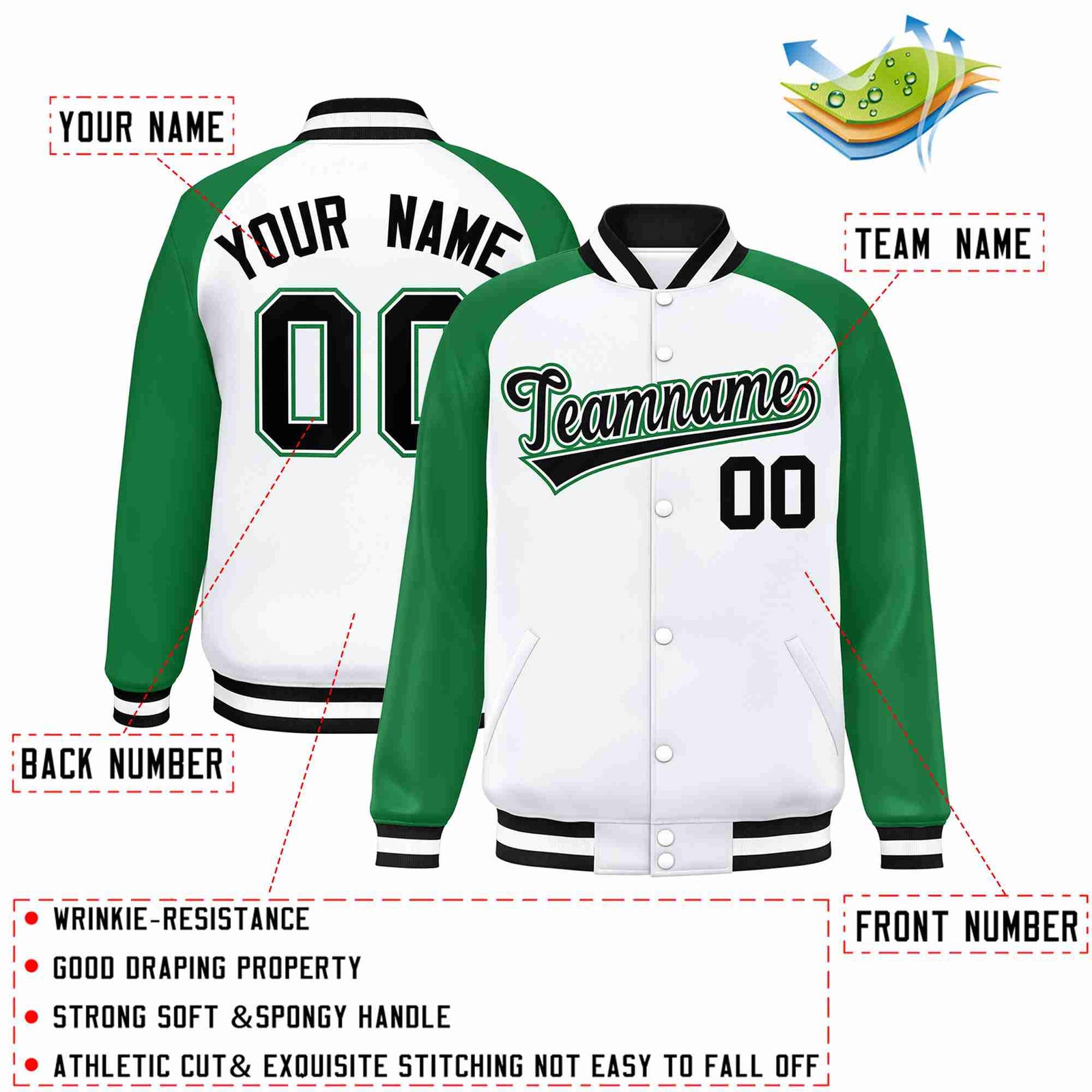 Custom White Black-White Raglan Sleeves Varsity Full-Snap Letterman Jacket