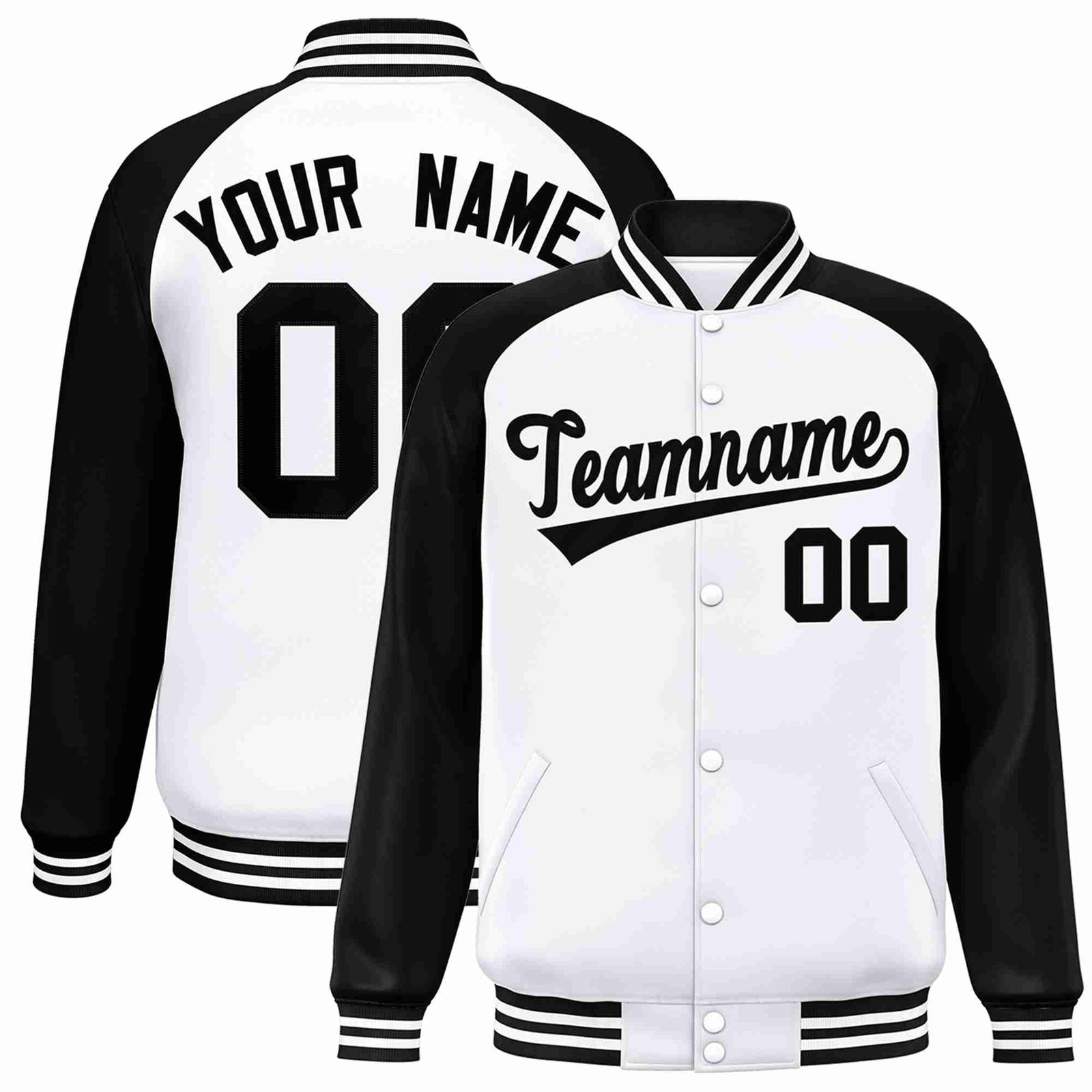Custom White Black Raglan Sleeves Varsity Full-Snap Letterman Jacket