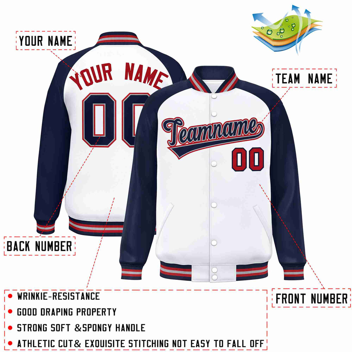 Custom White Navy-Gray Raglan Sleeves Varsity Full-Snap Letterman Jacket