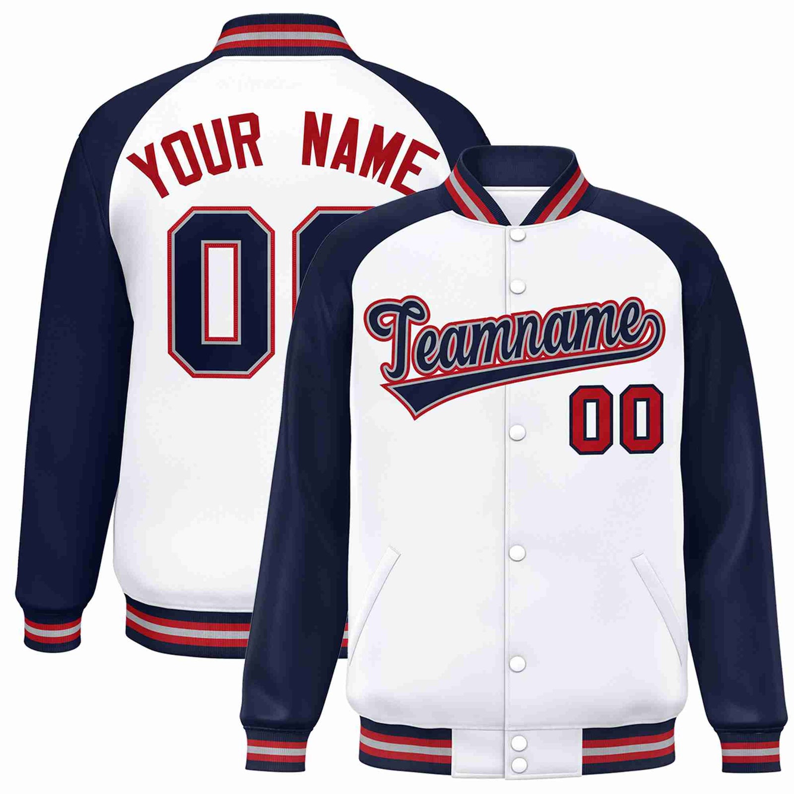 Custom White Navy-Gray Raglan Sleeves Varsity Full-Snap Letterman Jacket