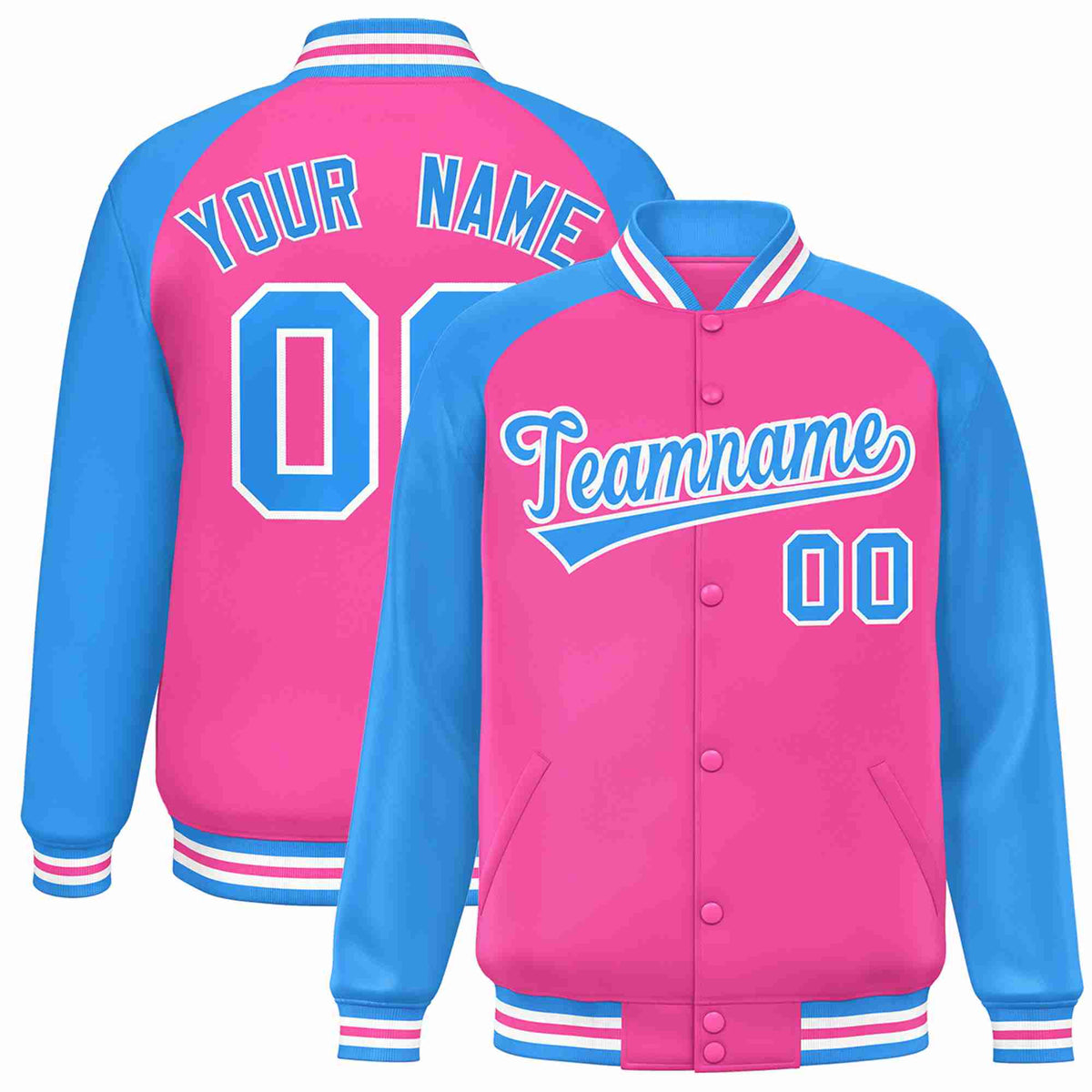 Custom Pink Powder Blue-White Raglan Sleeves Varsity Full-Snap Letterman Jacket
