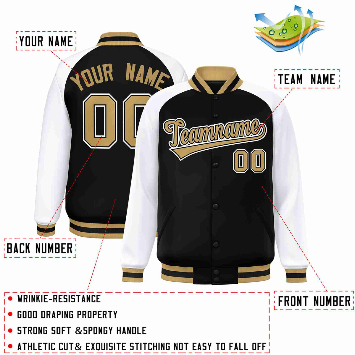 Custom Black Old Gold-Black Raglan Sleeves Varsity Full-Snap Letterman Jacket