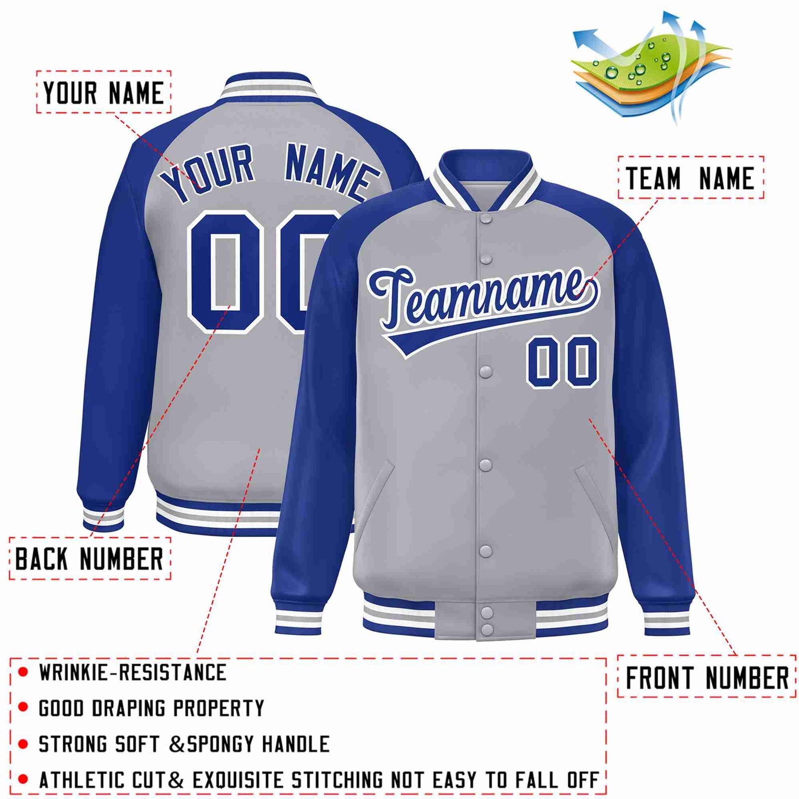 Custom Gray Royal-White Raglan Sleeves Varsity Full-Snap Letterman Jacket