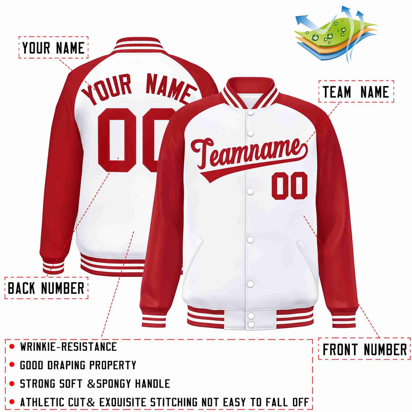 Custom White Red Raglan Sleeves Varsity Full-Snap Letterman Jacket