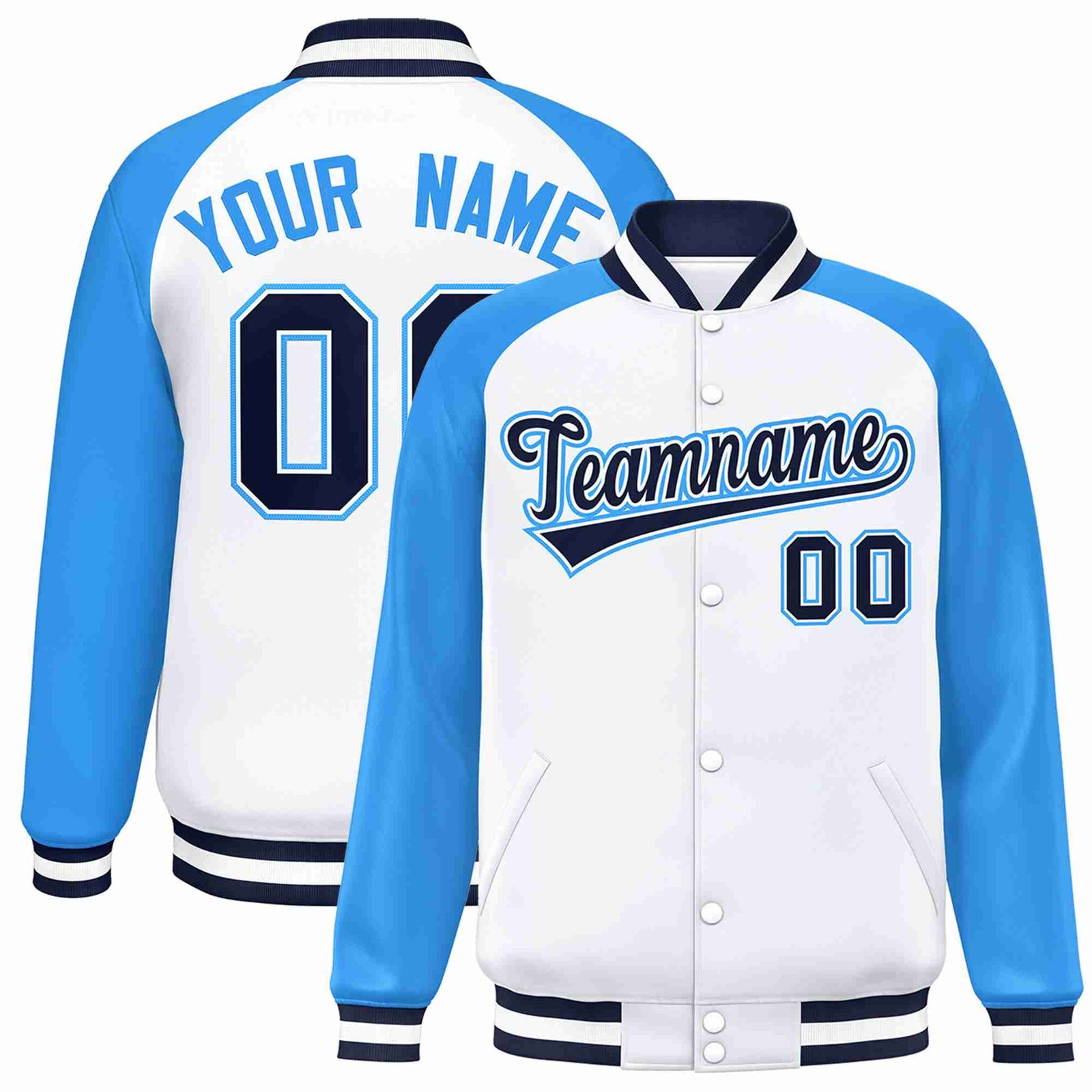 Custom White Navy-White Raglan Sleeves Varsity Full-Snap Letterman Jacket